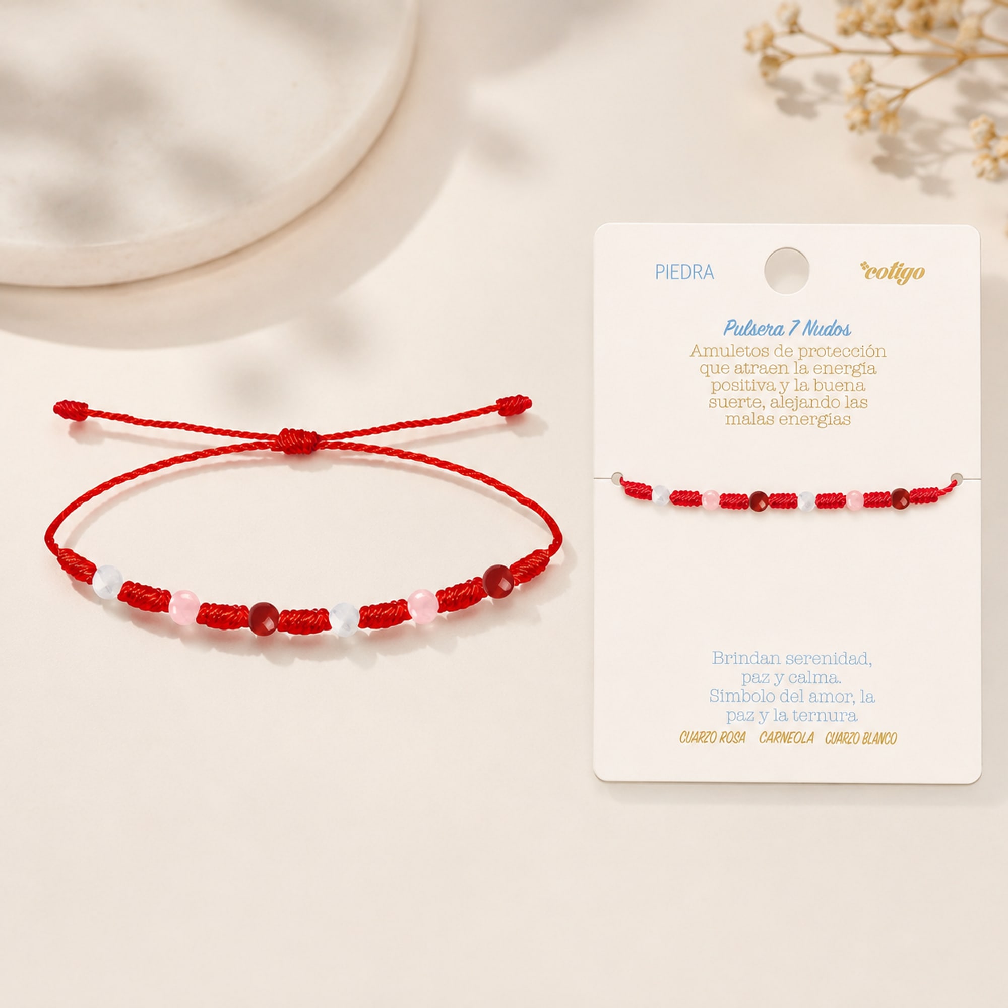 PULSERA 7 NUDOS CON  CARNEOLA+CUARZO BLANCO+CUARZO ROSA 4MM