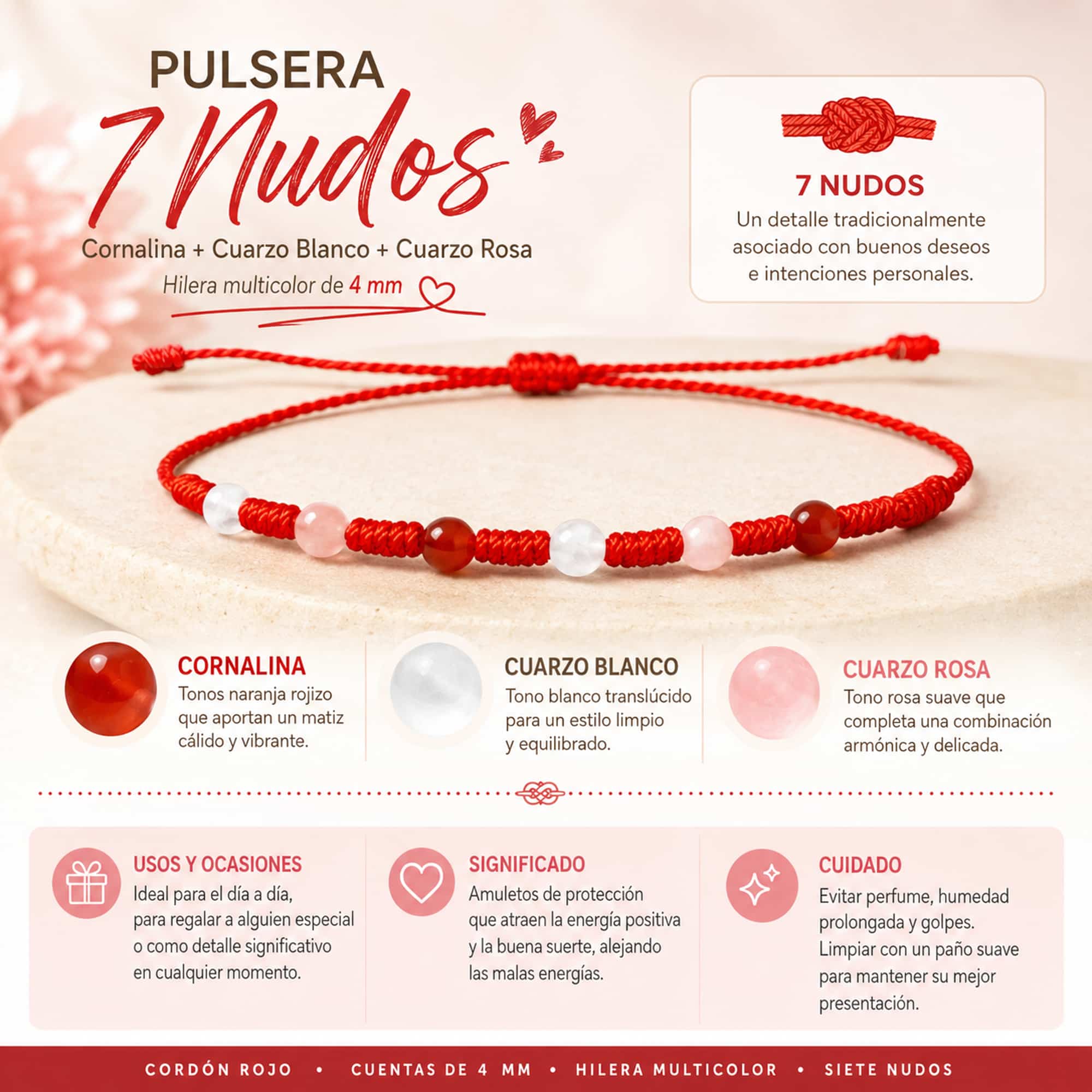 PULSERA 7 NUDOS CON  CARNEOLA+CUARZO BLANCO+CUARZO ROSA 4MM
