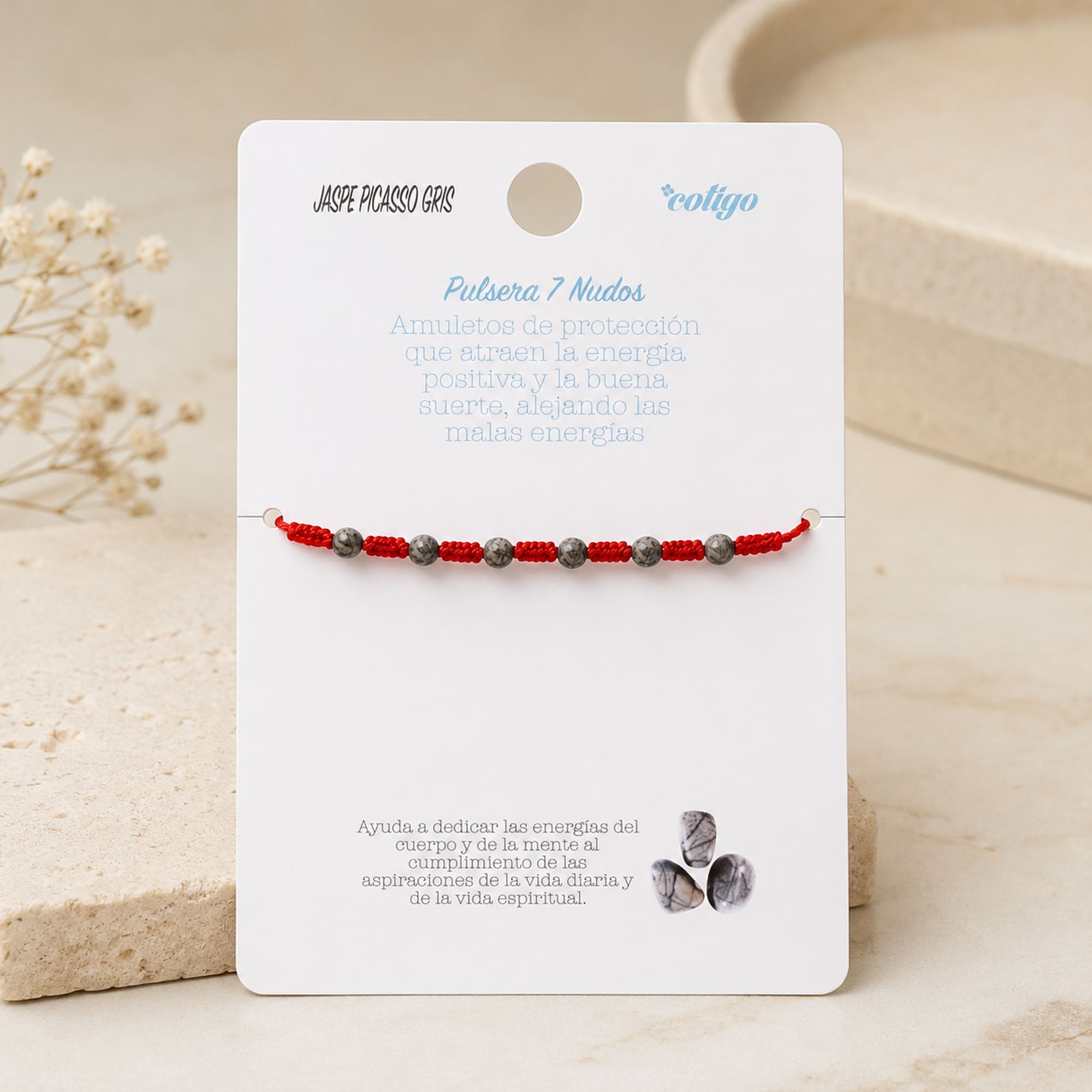 PULSERA 7 NUDOS CON  JASPE PICASSO GRIS 4MM