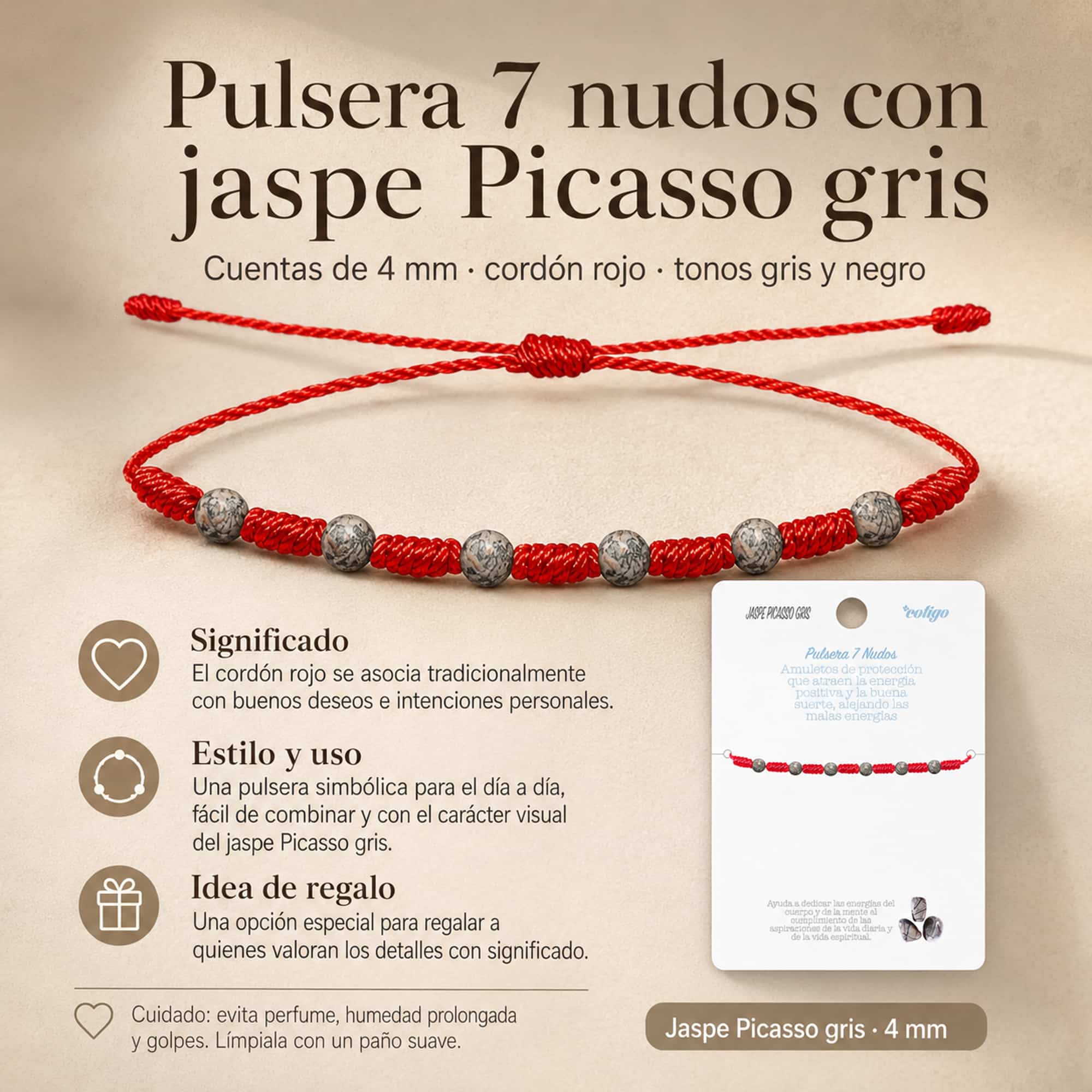 PULSERA 7 NUDOS CON  JASPE PICASSO GRIS 4MM