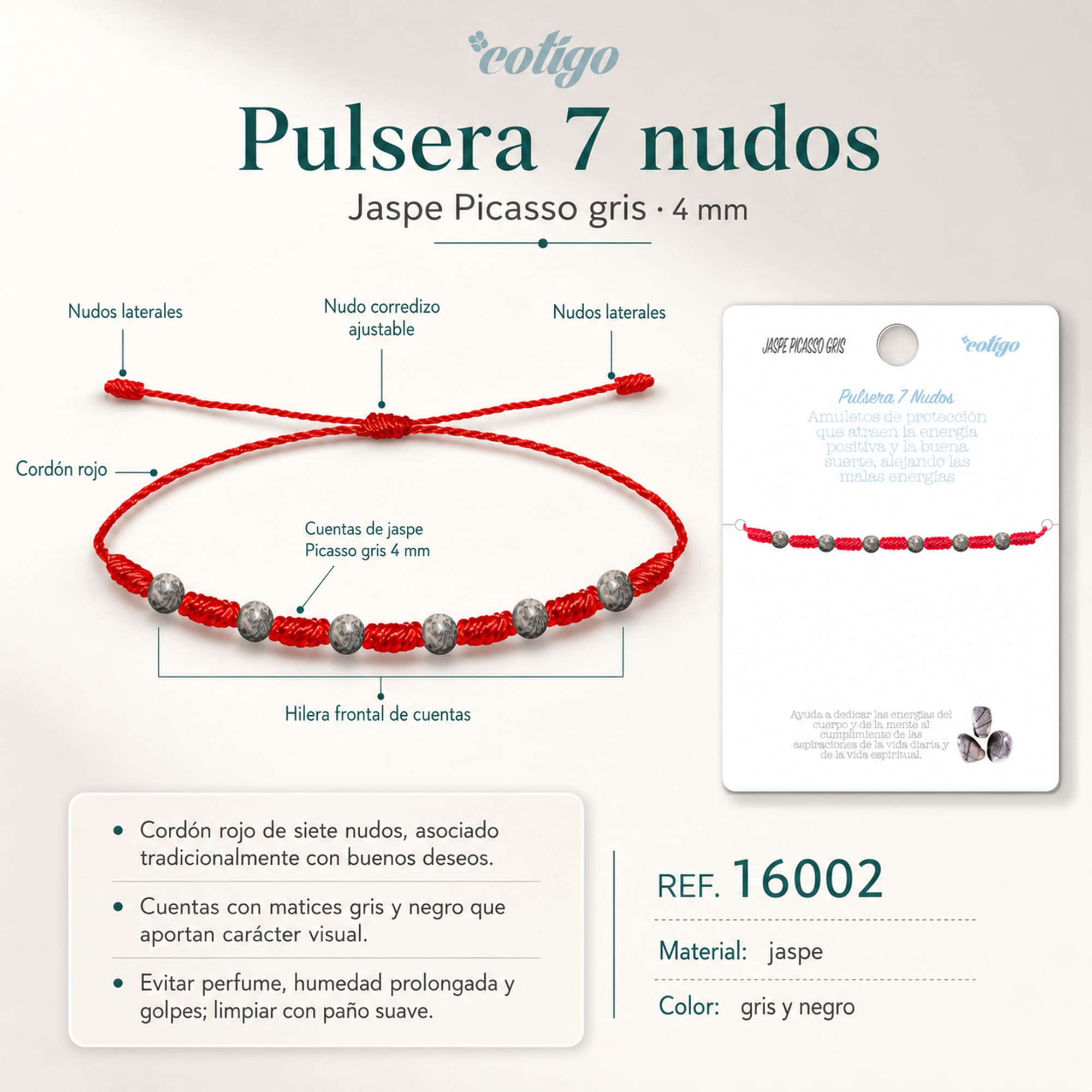 PULSERA 7 NUDOS CON  JASPE PICASSO GRIS 4MM