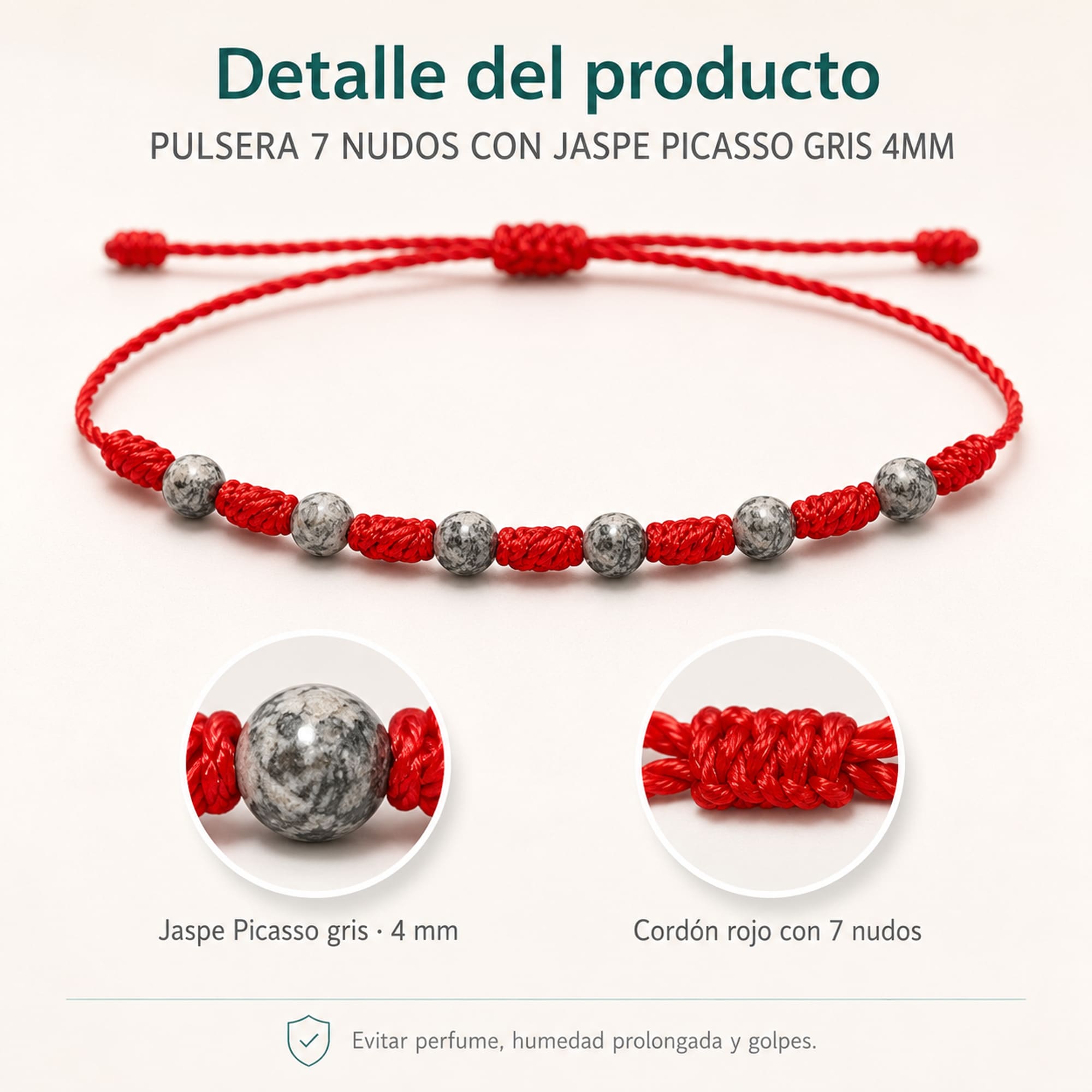 PULSERA 7 NUDOS CON  JASPE PICASSO GRIS 4MM