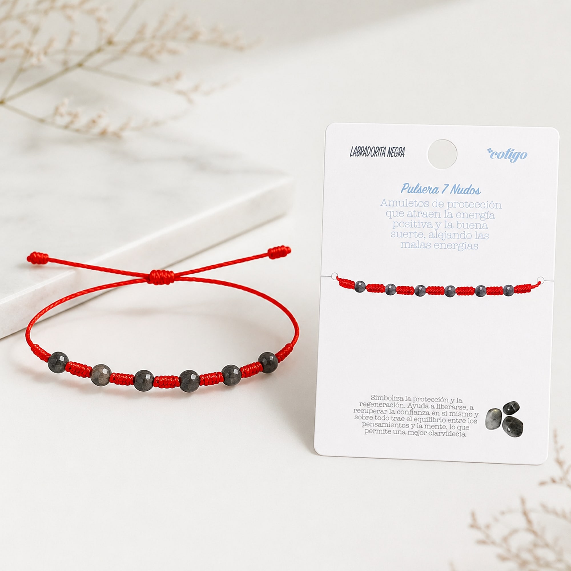 PULSERA 7 NUDOS CON  LABRADORITA NEGRA 4MM