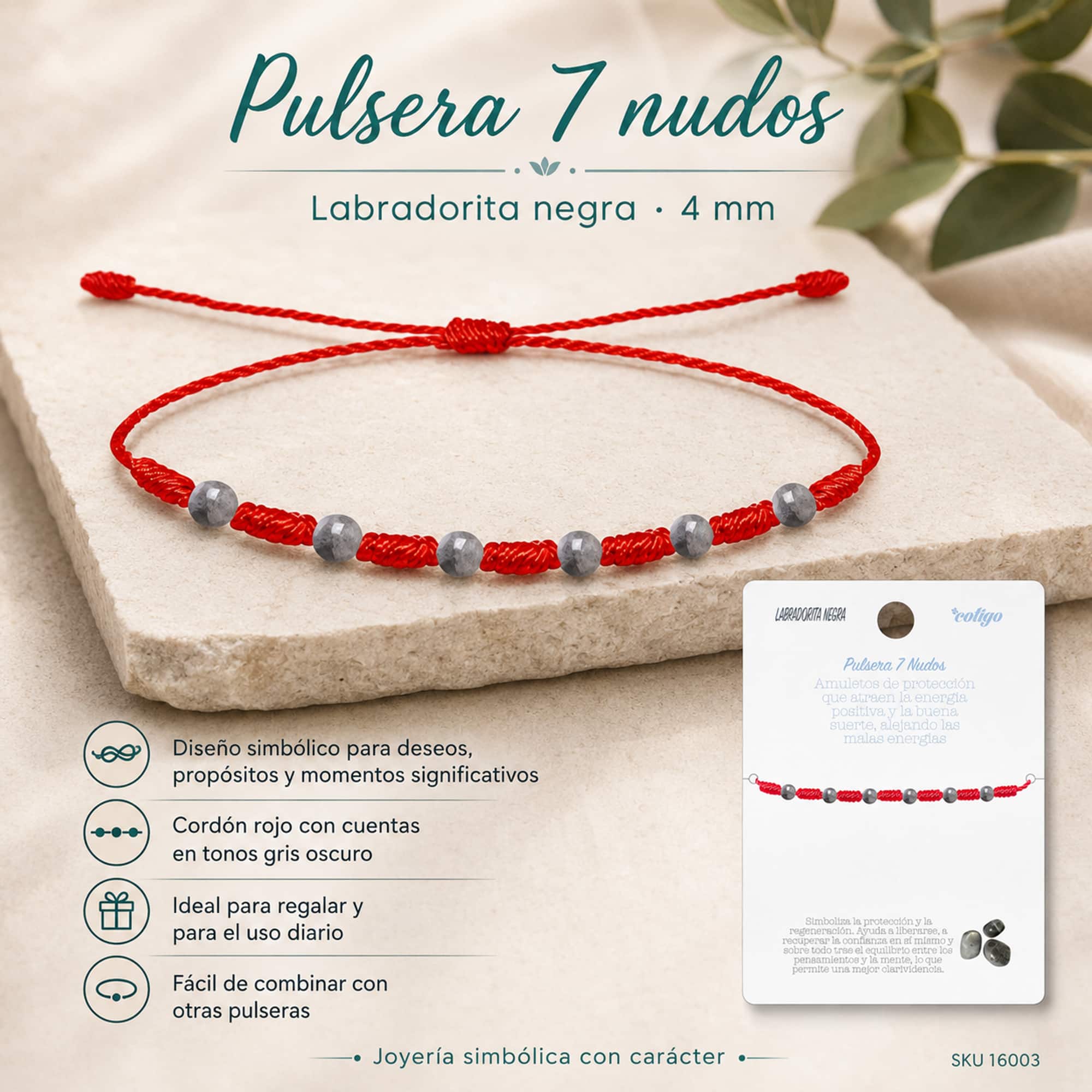 PULSERA 7 NUDOS CON  LABRADORITA NEGRA 4MM