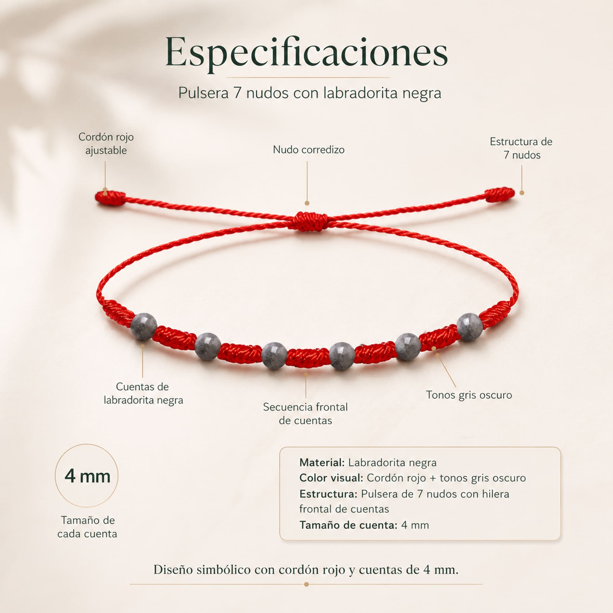 PULSERA 7 NUDOS CON  LABRADORITA NEGRA 4MM