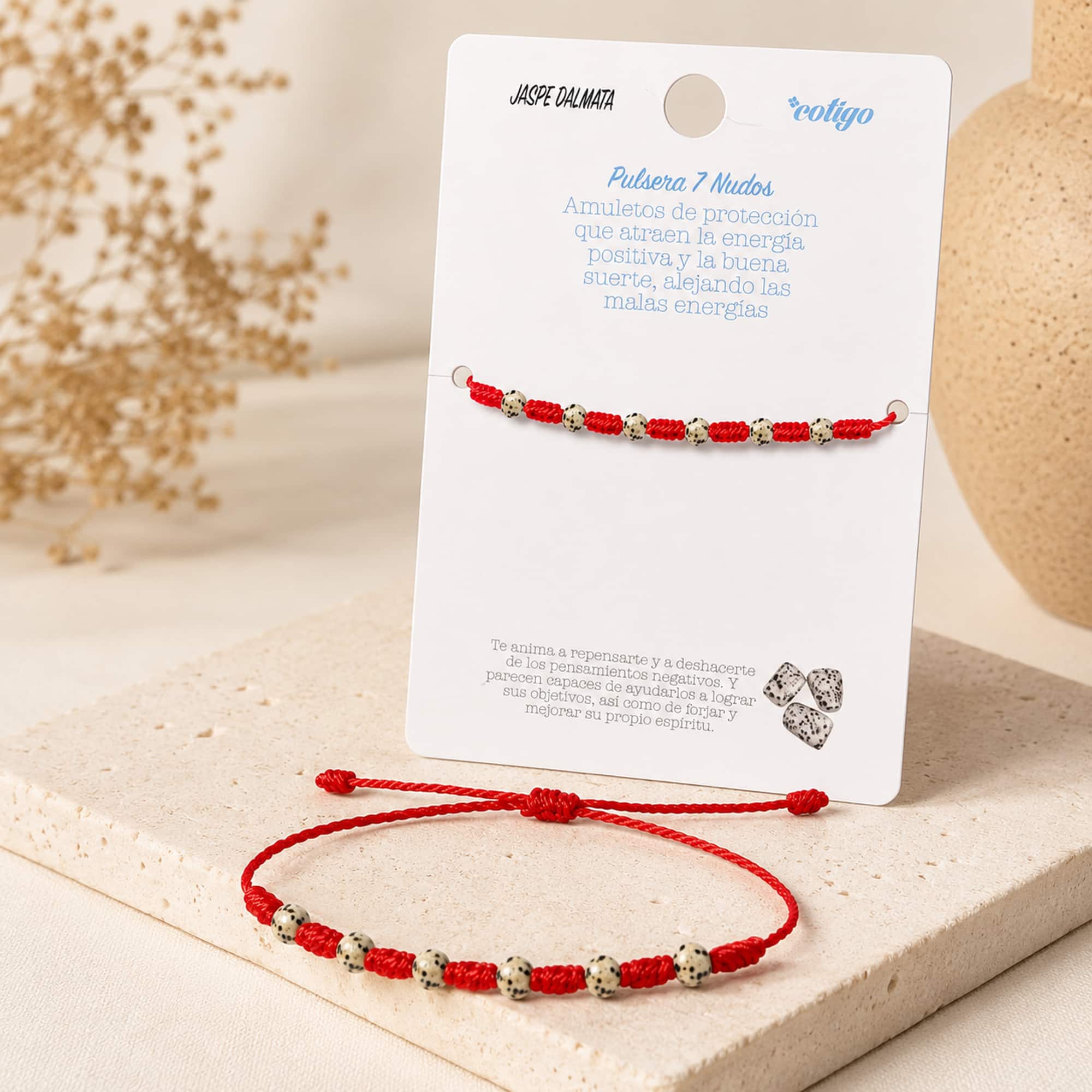 PULSERA 7 NUDOS CON  JASPE DALMATA 4MM