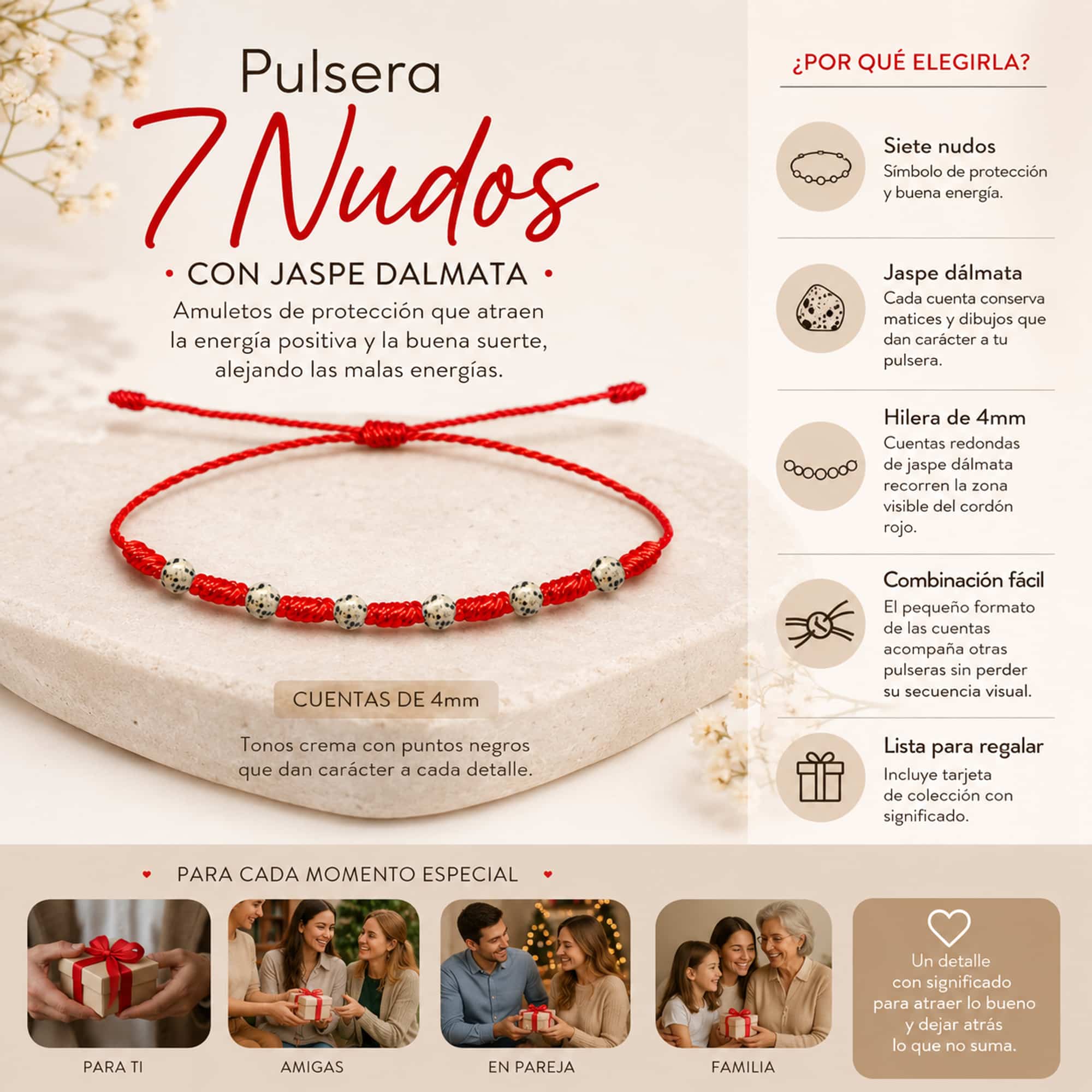 PULSERA 7 NUDOS CON  JASPE DALMATA 4MM