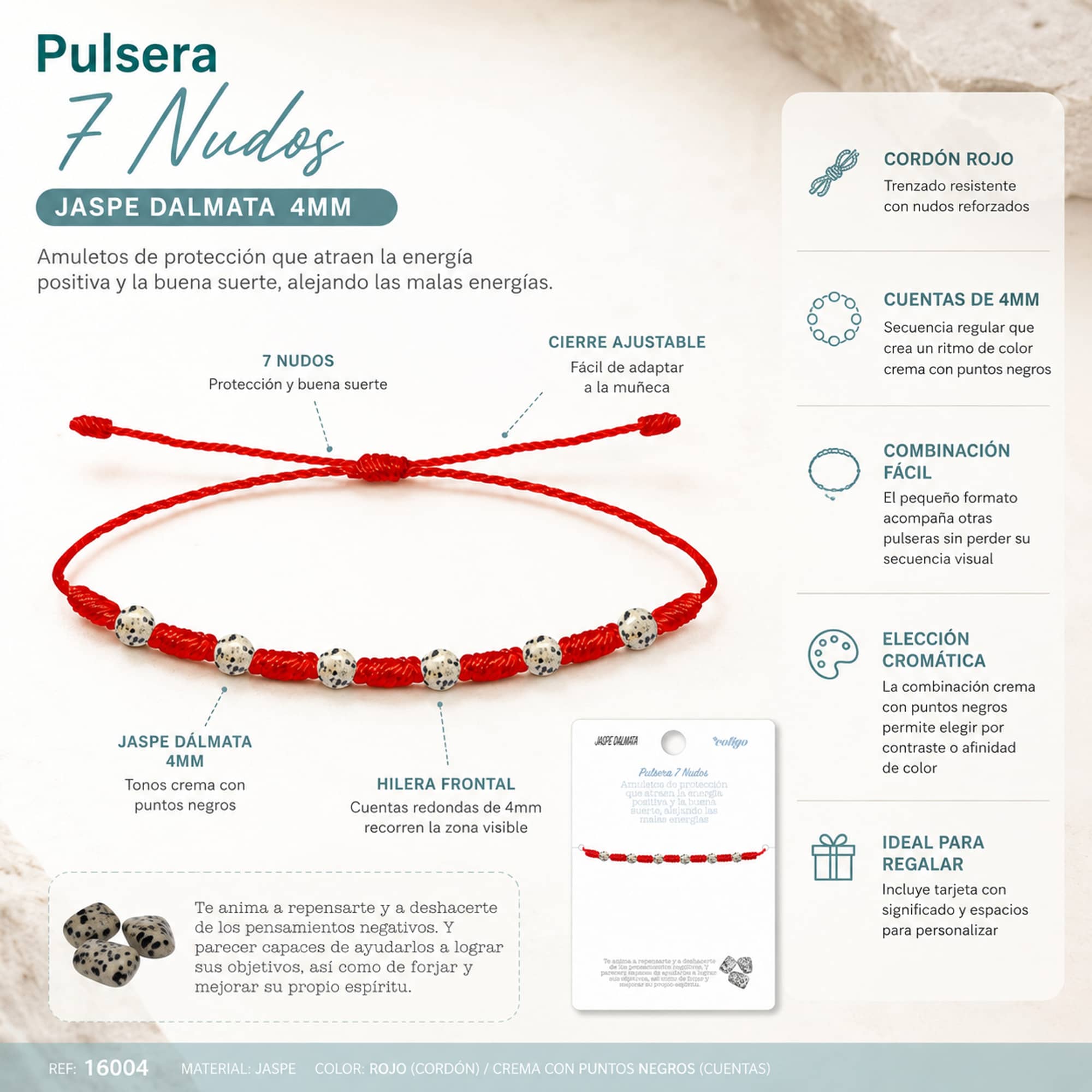 PULSERA 7 NUDOS CON  JASPE DALMATA 4MM