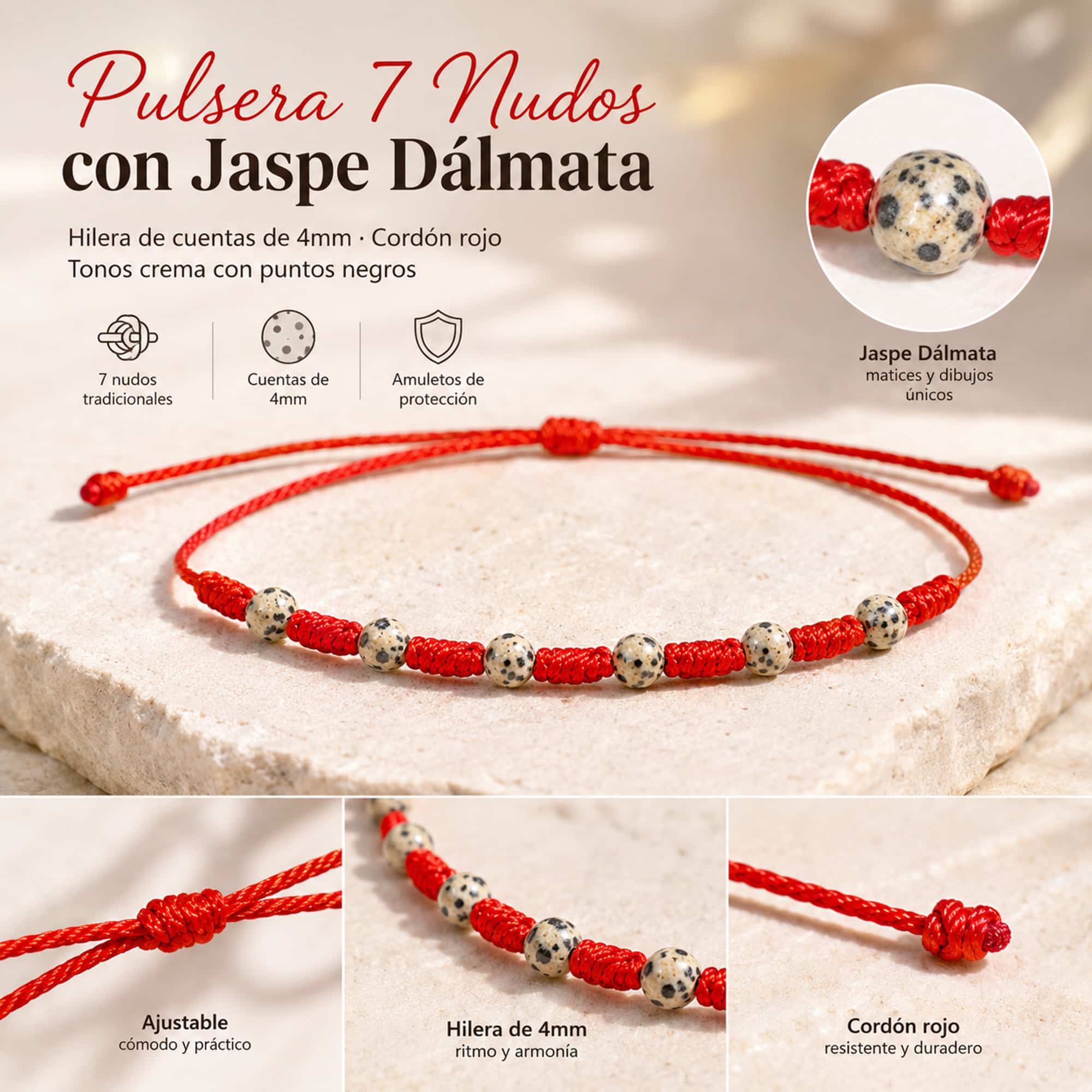 PULSERA 7 NUDOS CON  JASPE DALMATA 4MM