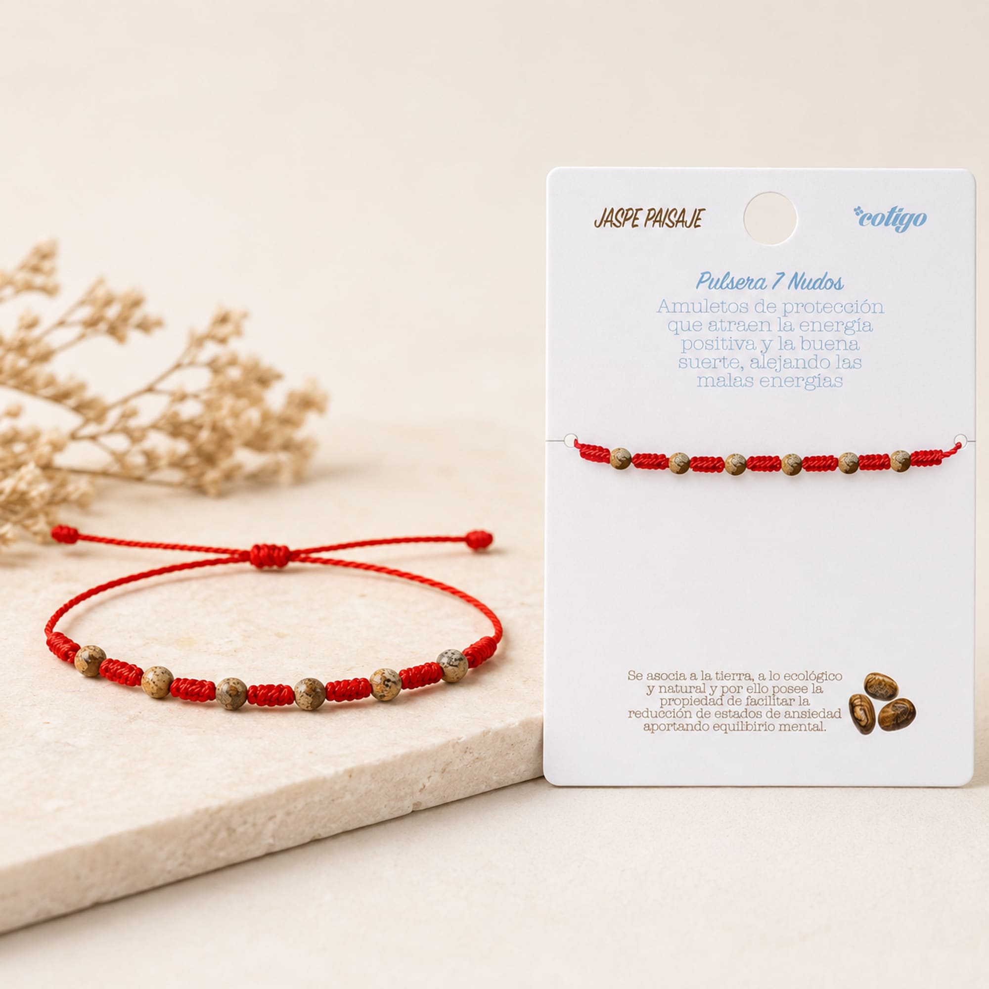PULSERA 7 NUDOS CON  JASPE PAISAJE 4MM