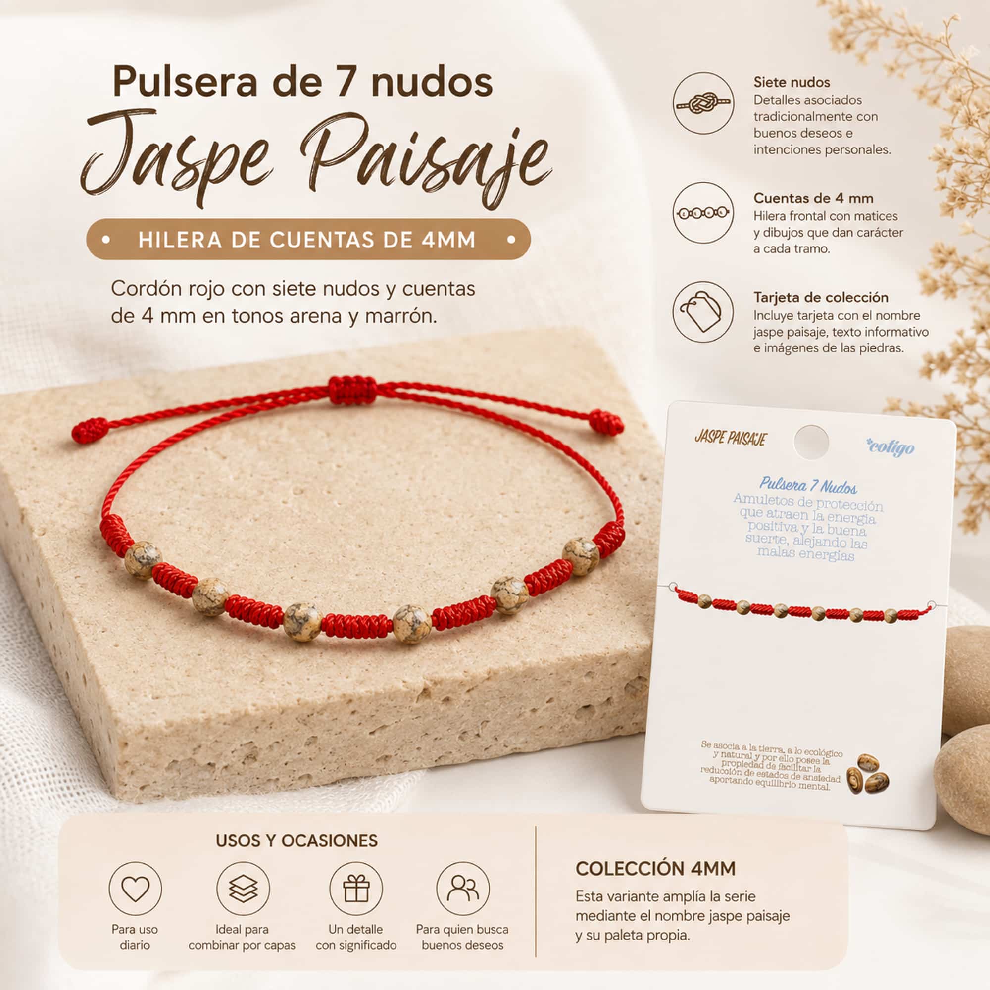 PULSERA 7 NUDOS CON  JASPE PAISAJE 4MM
