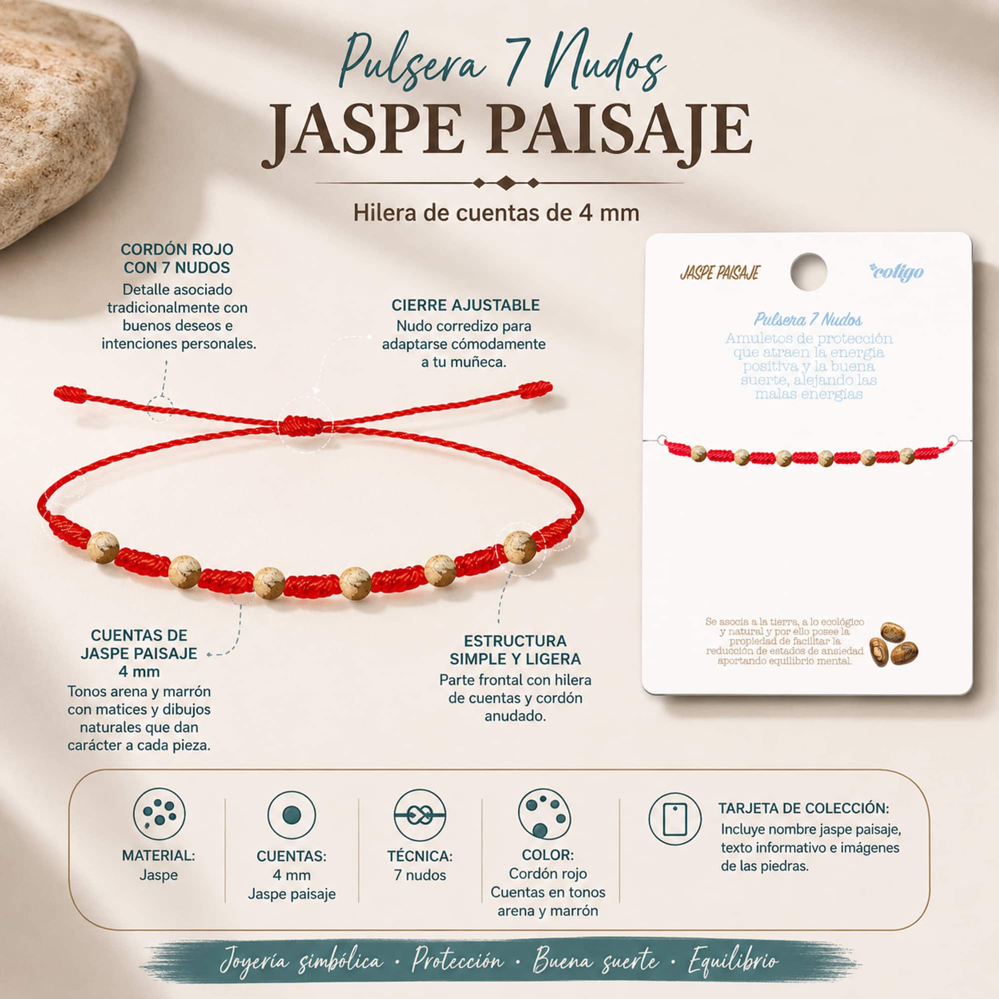 PULSERA 7 NUDOS CON  JASPE PAISAJE 4MM
