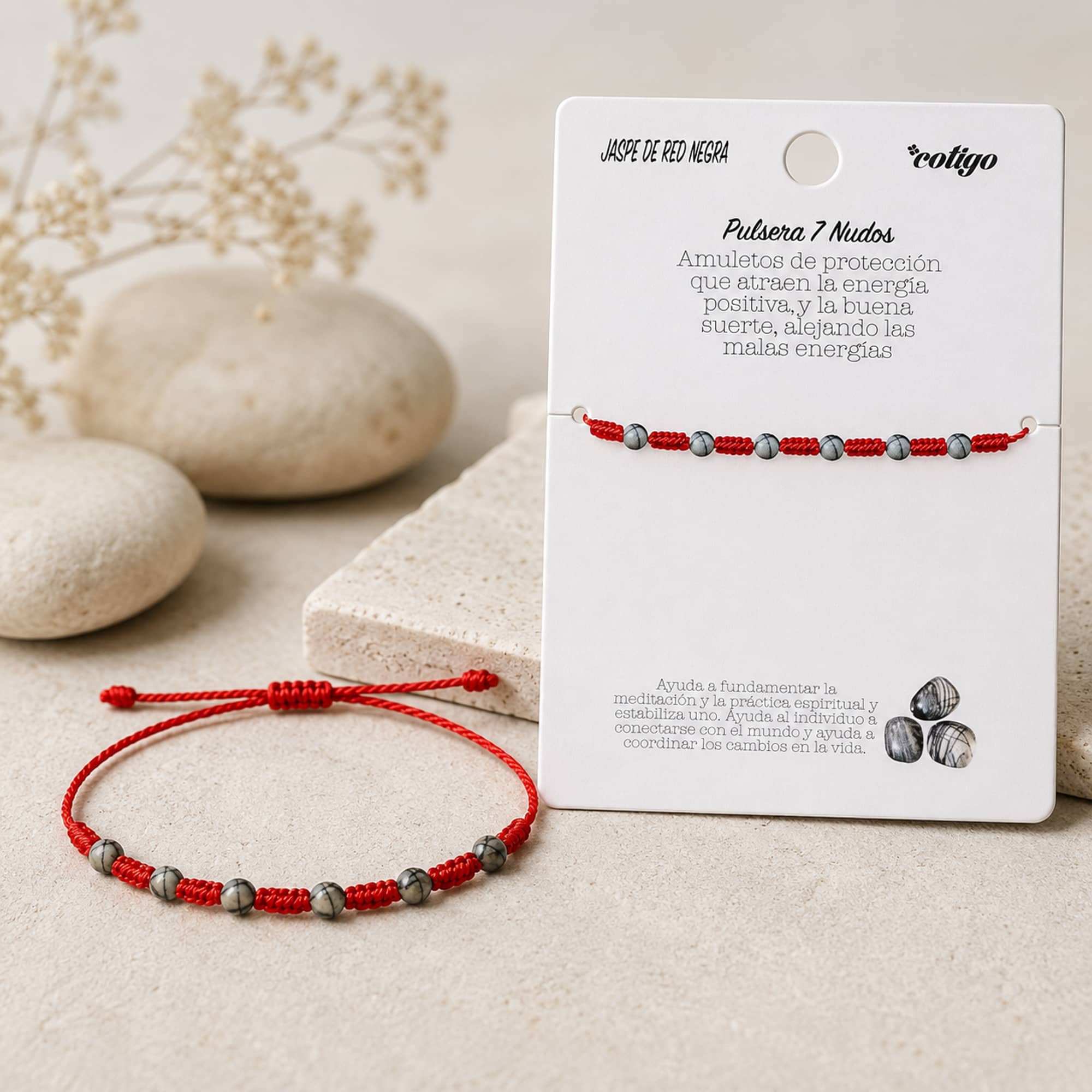 PULSERA 7 NUDOS CON  JASPE DE RED NEGRA 4MM