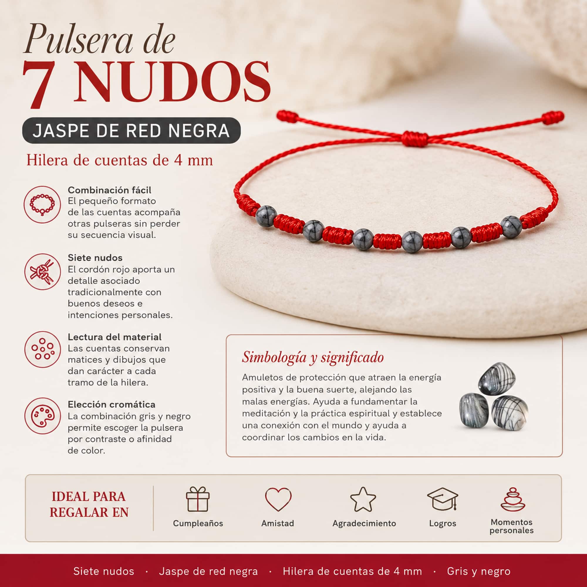 PULSERA 7 NUDOS CON  JASPE DE RED NEGRA 4MM