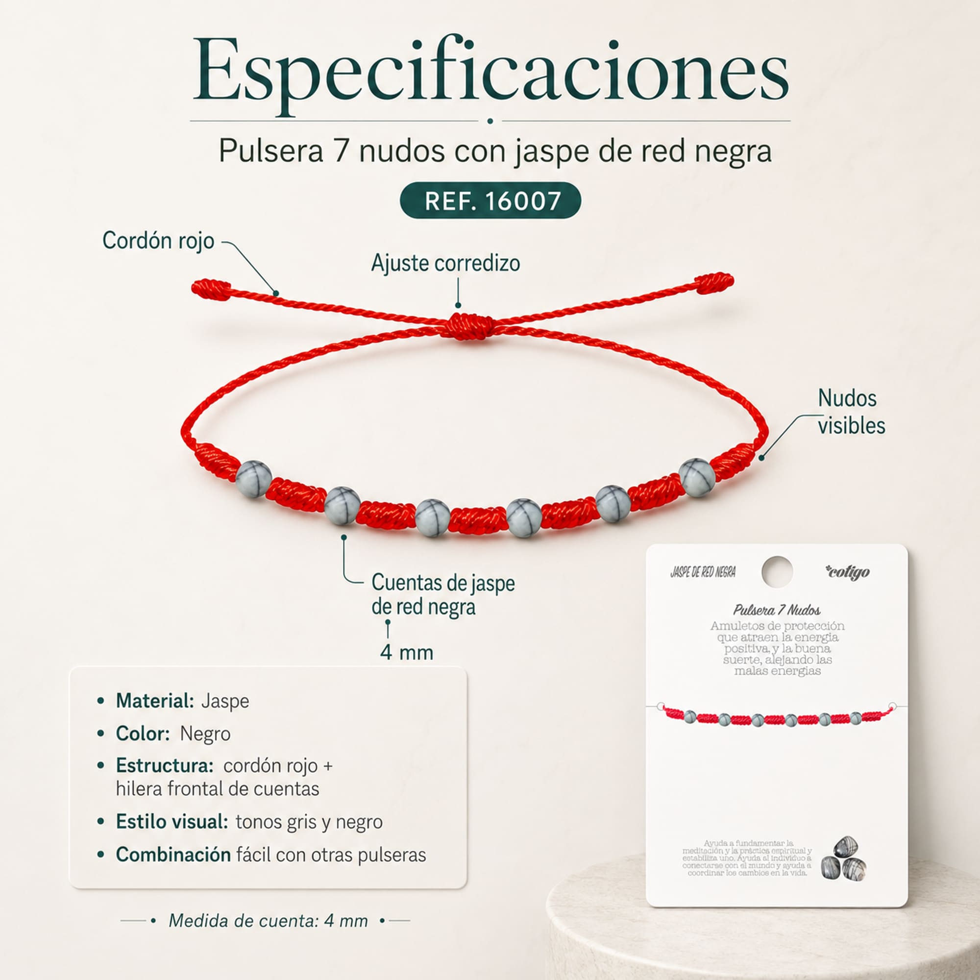 PULSERA 7 NUDOS CON  JASPE DE RED NEGRA 4MM