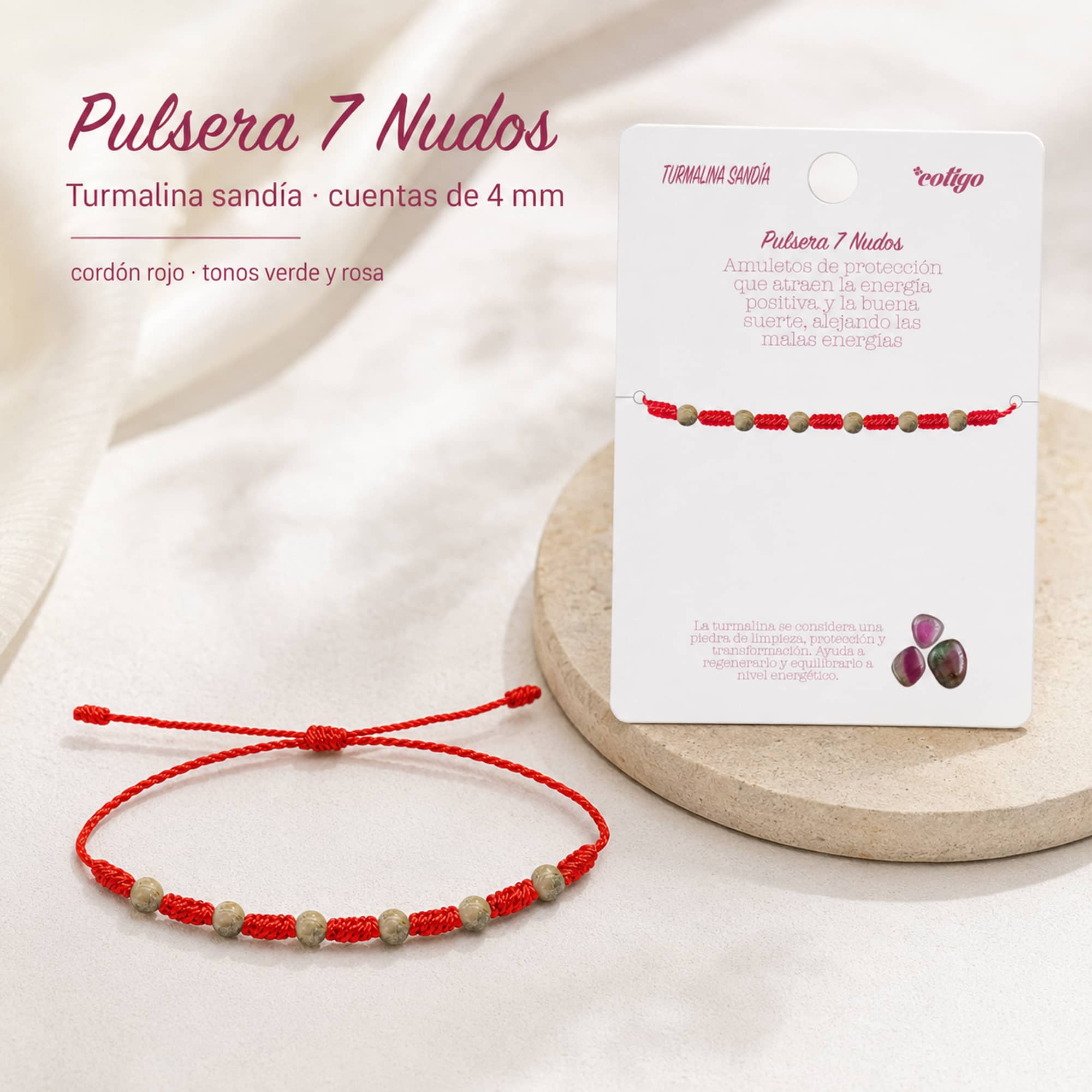 PULSERA 7 NUDOS CON  TURMALINA SANDÍA 4MM