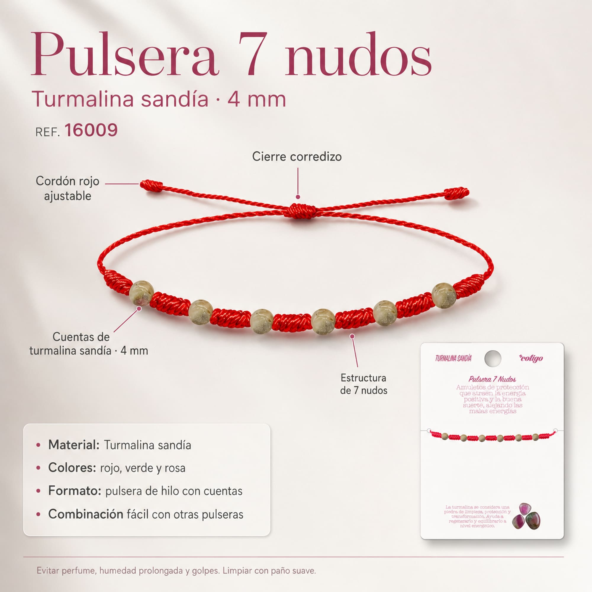 PULSERA 7 NUDOS CON  TURMALINA SANDÍA 4MM
