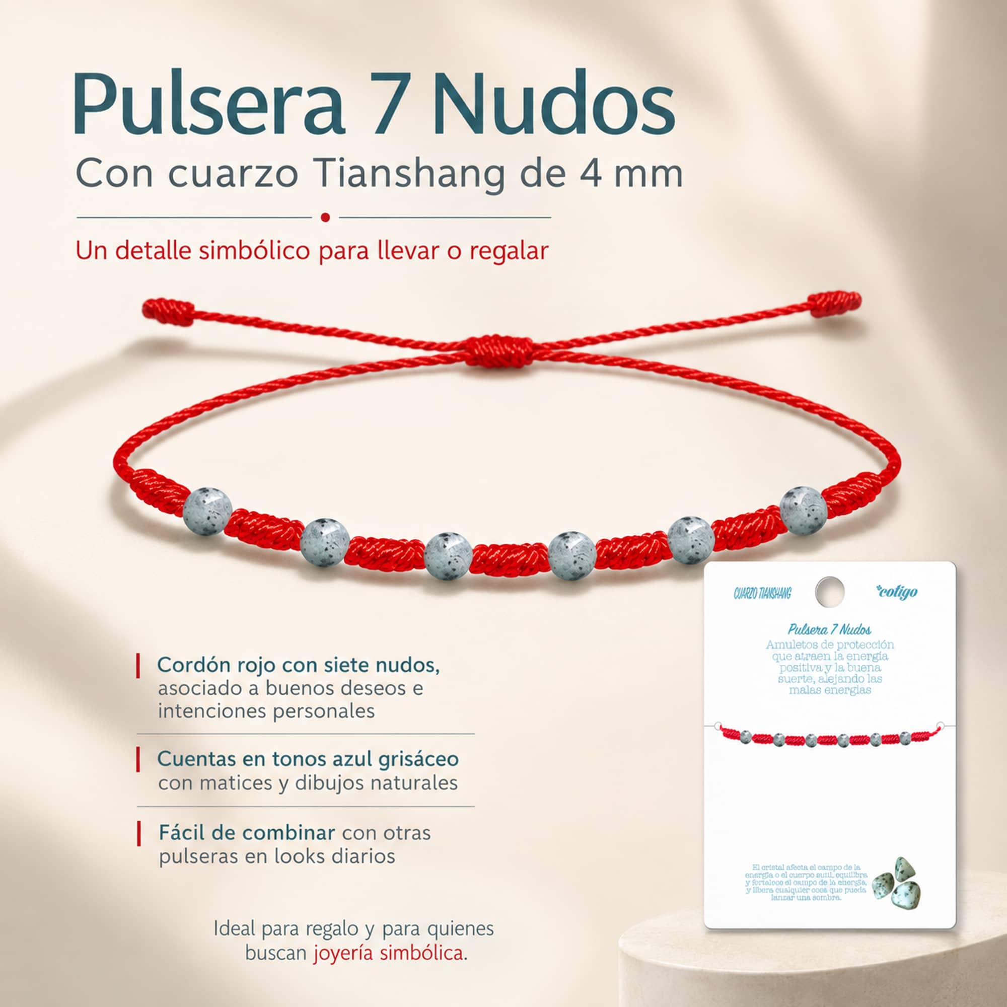 PULSERA 7 NUDOS CON  CUARZO TIANSHANG 4MM