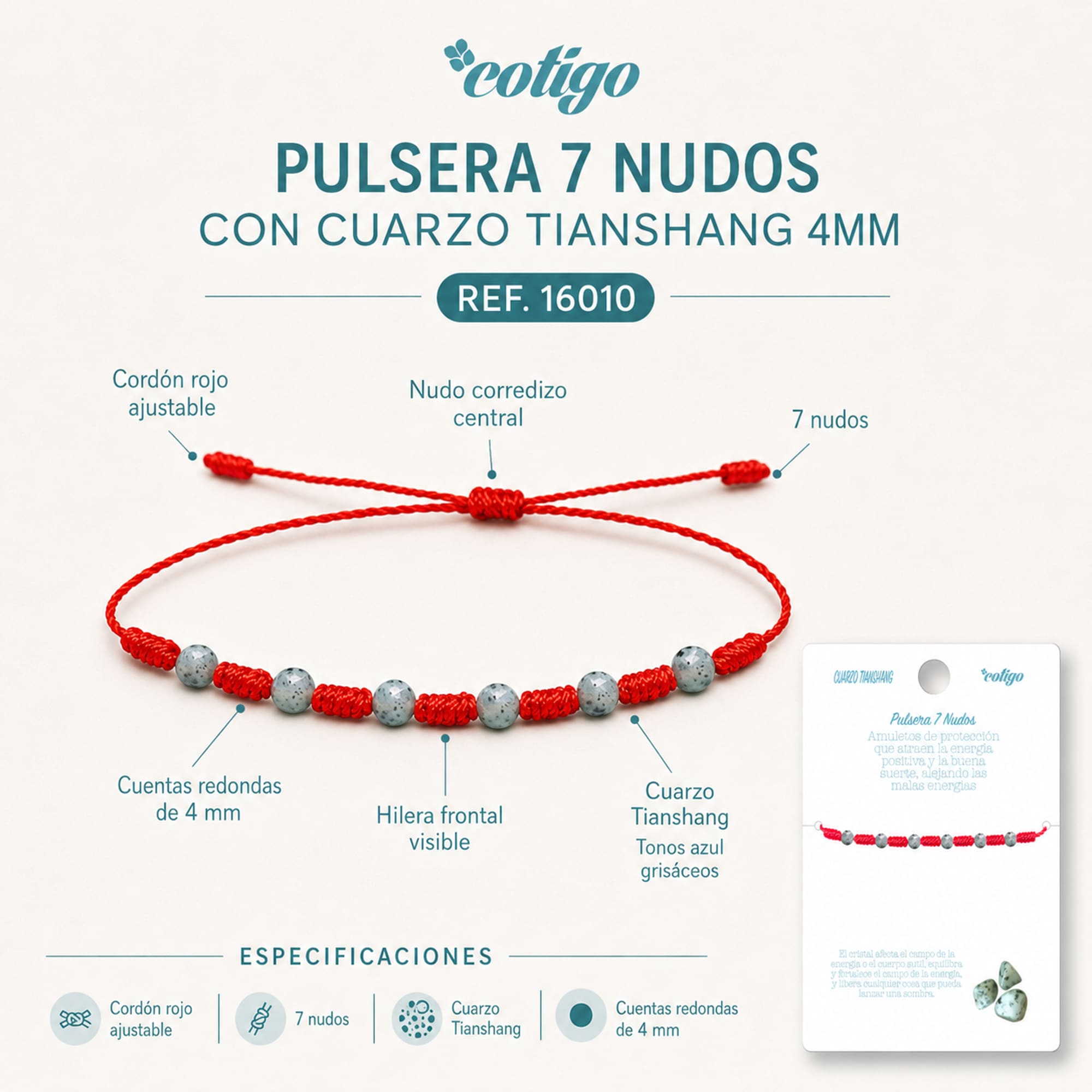 PULSERA 7 NUDOS CON  CUARZO TIANSHANG 4MM