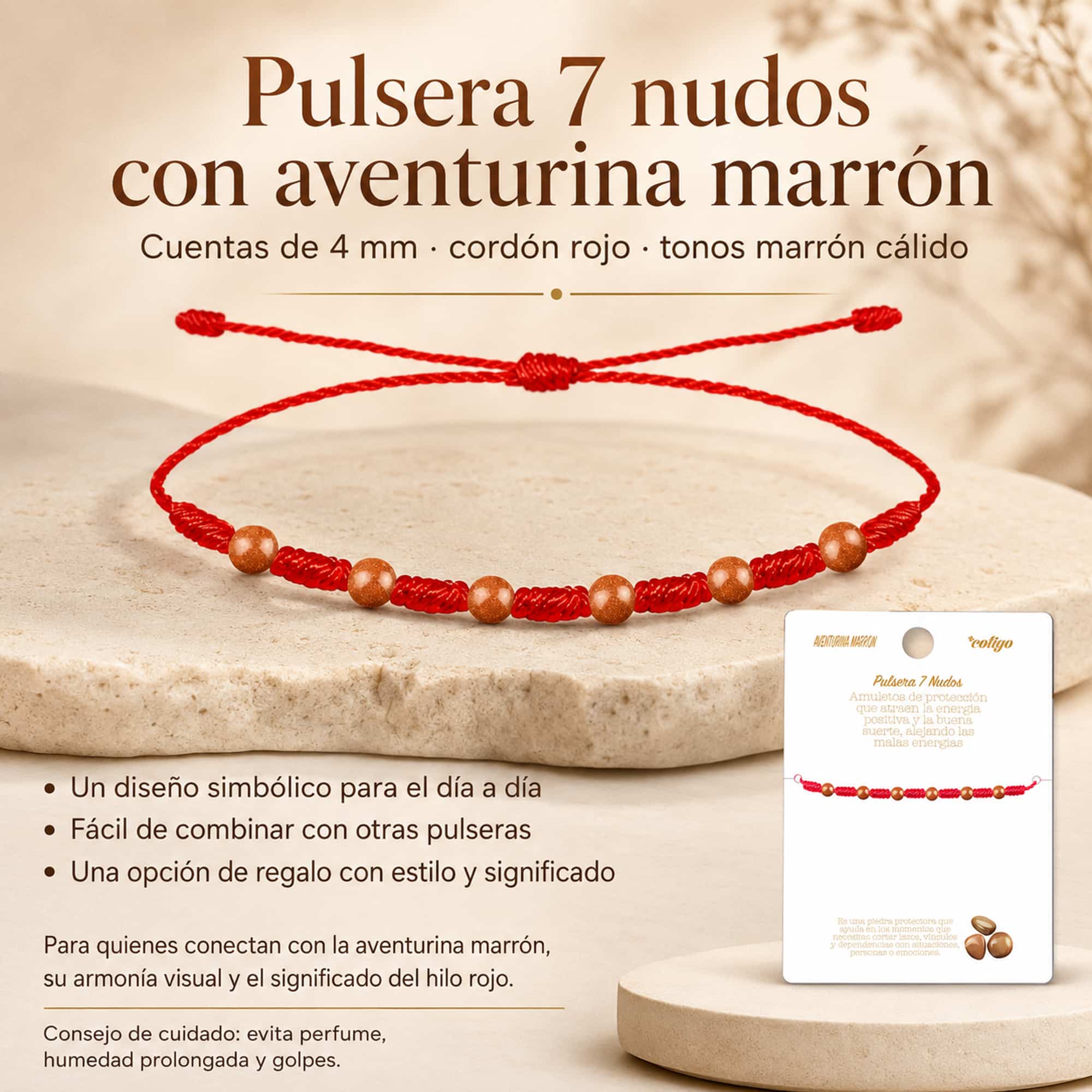 PULSERA 7 NUDOS CON  AVENTURINA MARRON 4MM