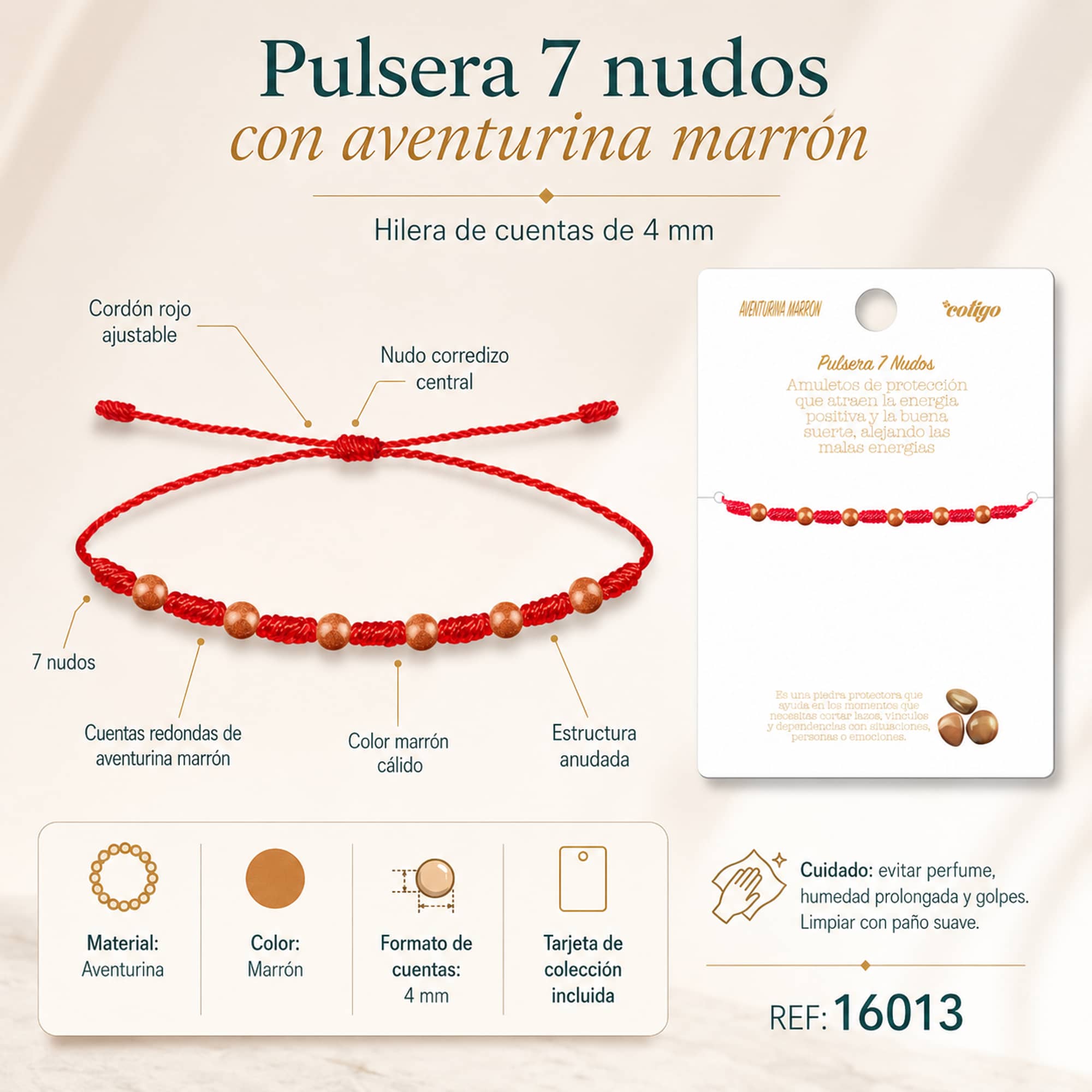 PULSERA 7 NUDOS CON  AVENTURINA MARRON 4MM