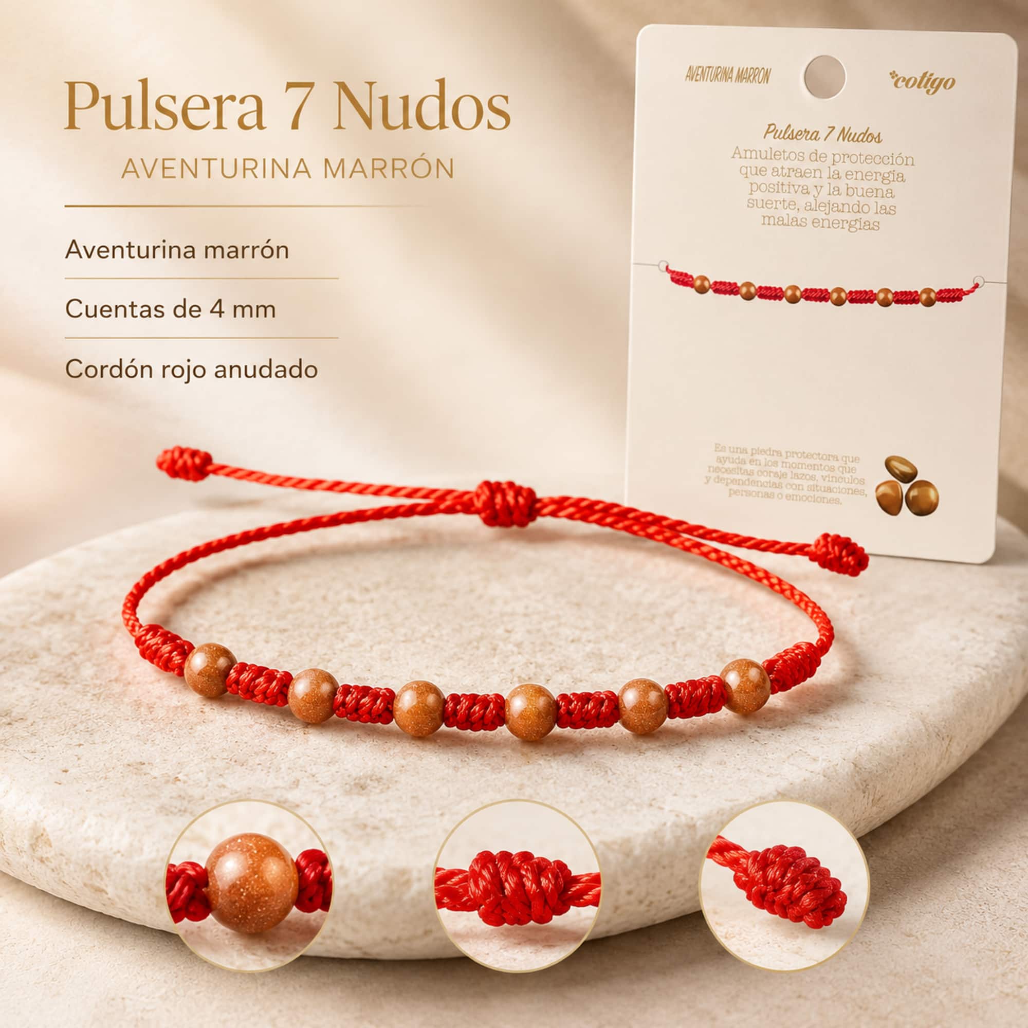 PULSERA 7 NUDOS CON  AVENTURINA MARRON 4MM