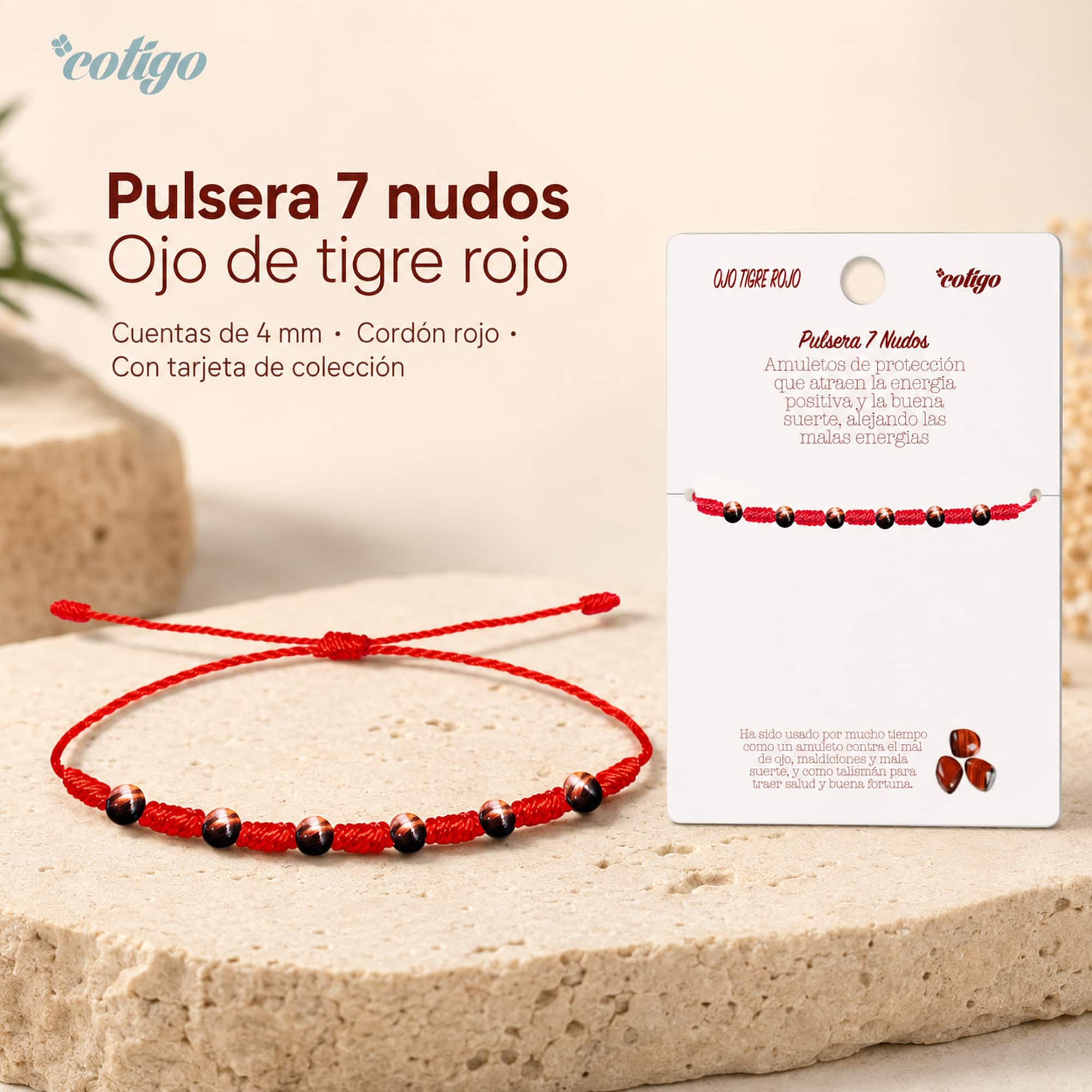 PULSERA 7 NUDOS CON  OJO TIGRE ROJO 4MM