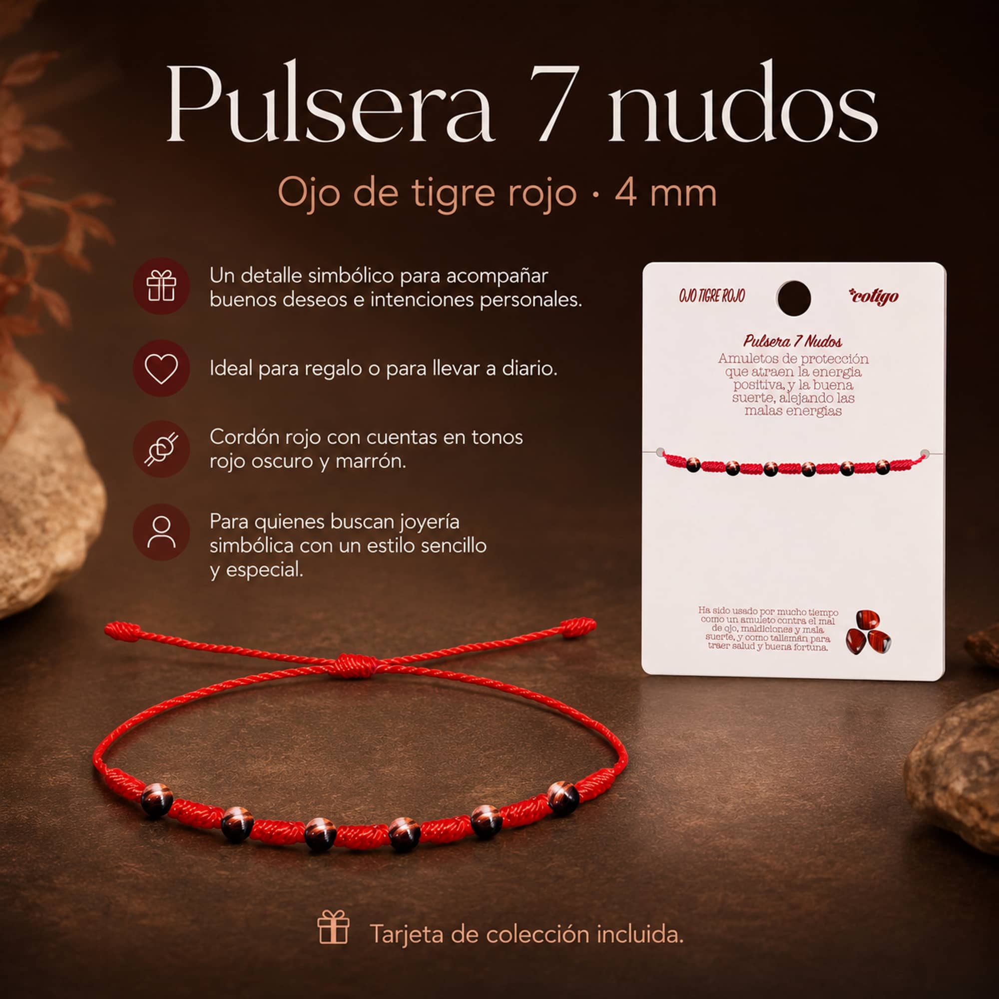 PULSERA 7 NUDOS CON  OJO TIGRE ROJO 4MM