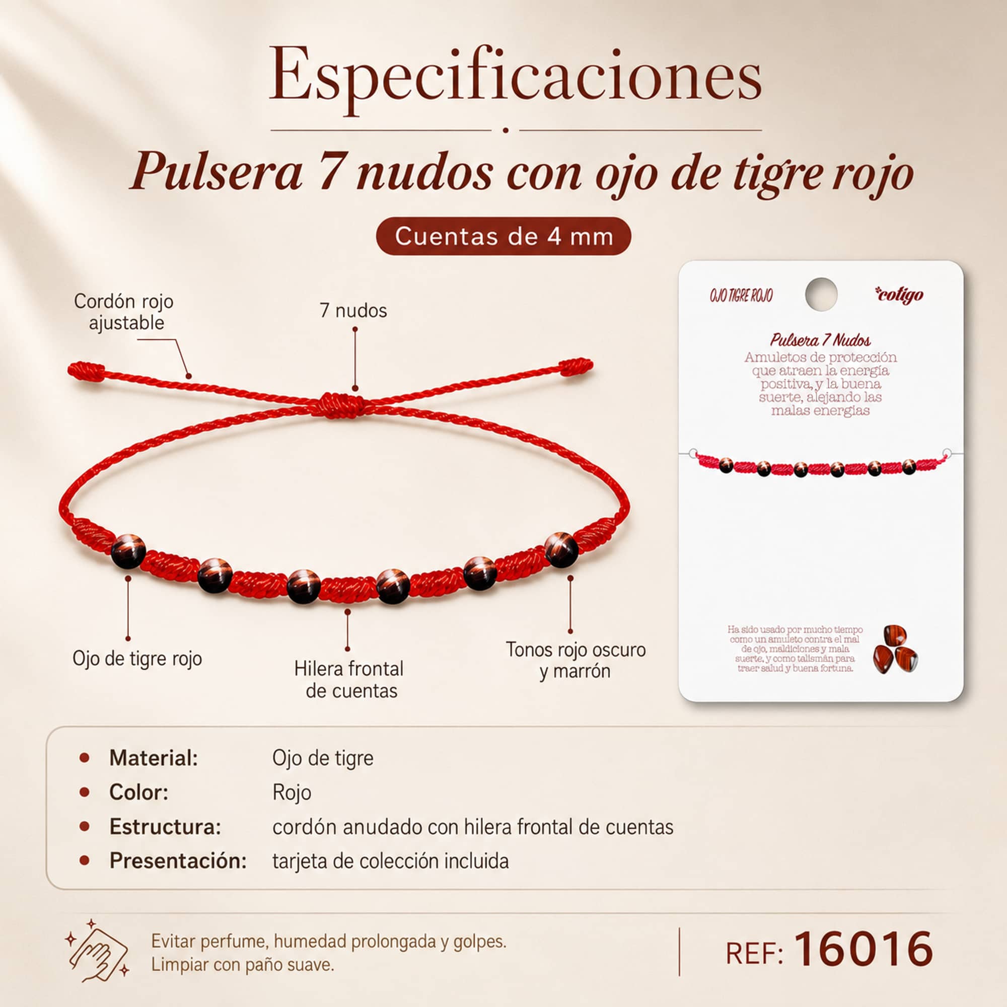PULSERA 7 NUDOS CON  OJO TIGRE ROJO 4MM