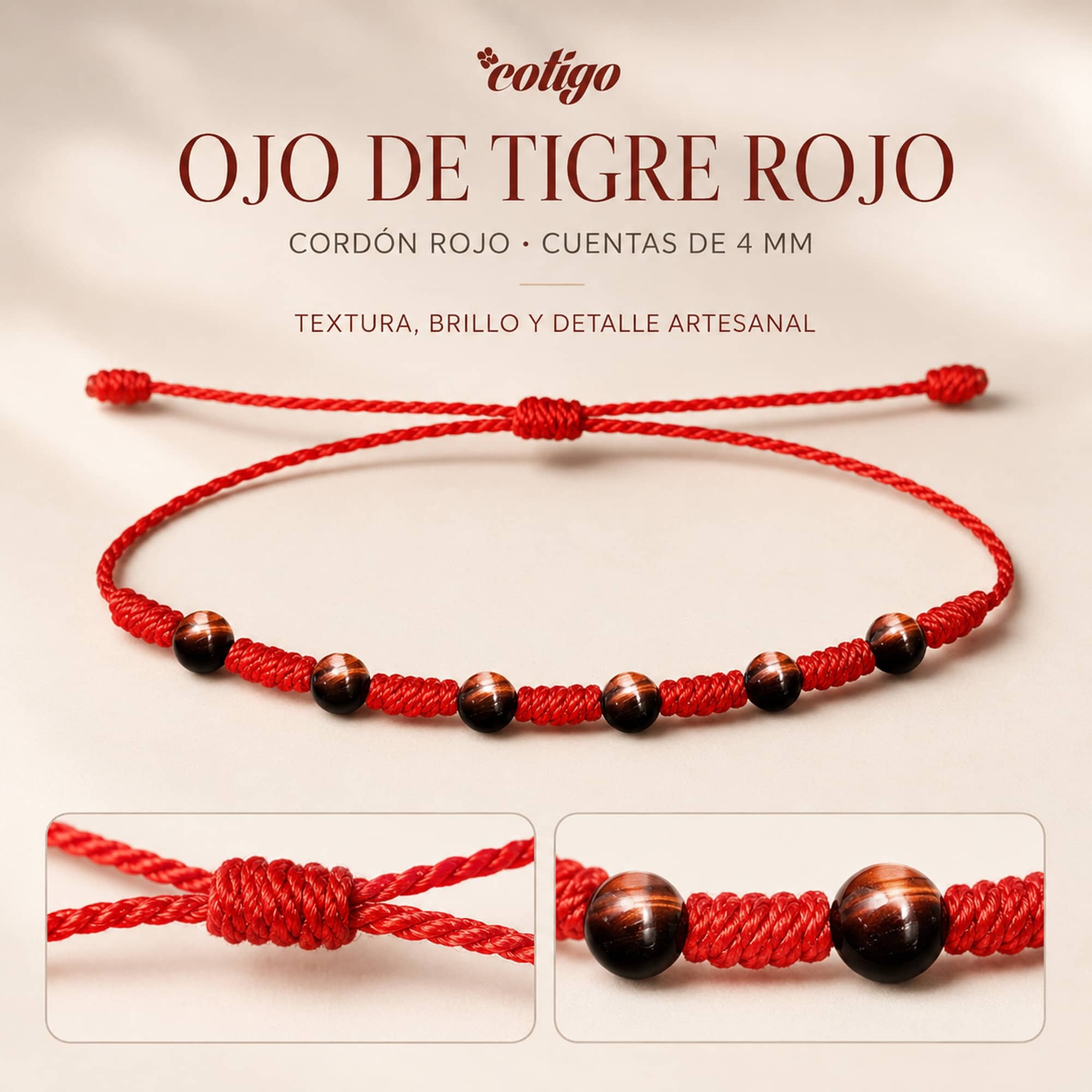 PULSERA 7 NUDOS CON  OJO TIGRE ROJO 4MM