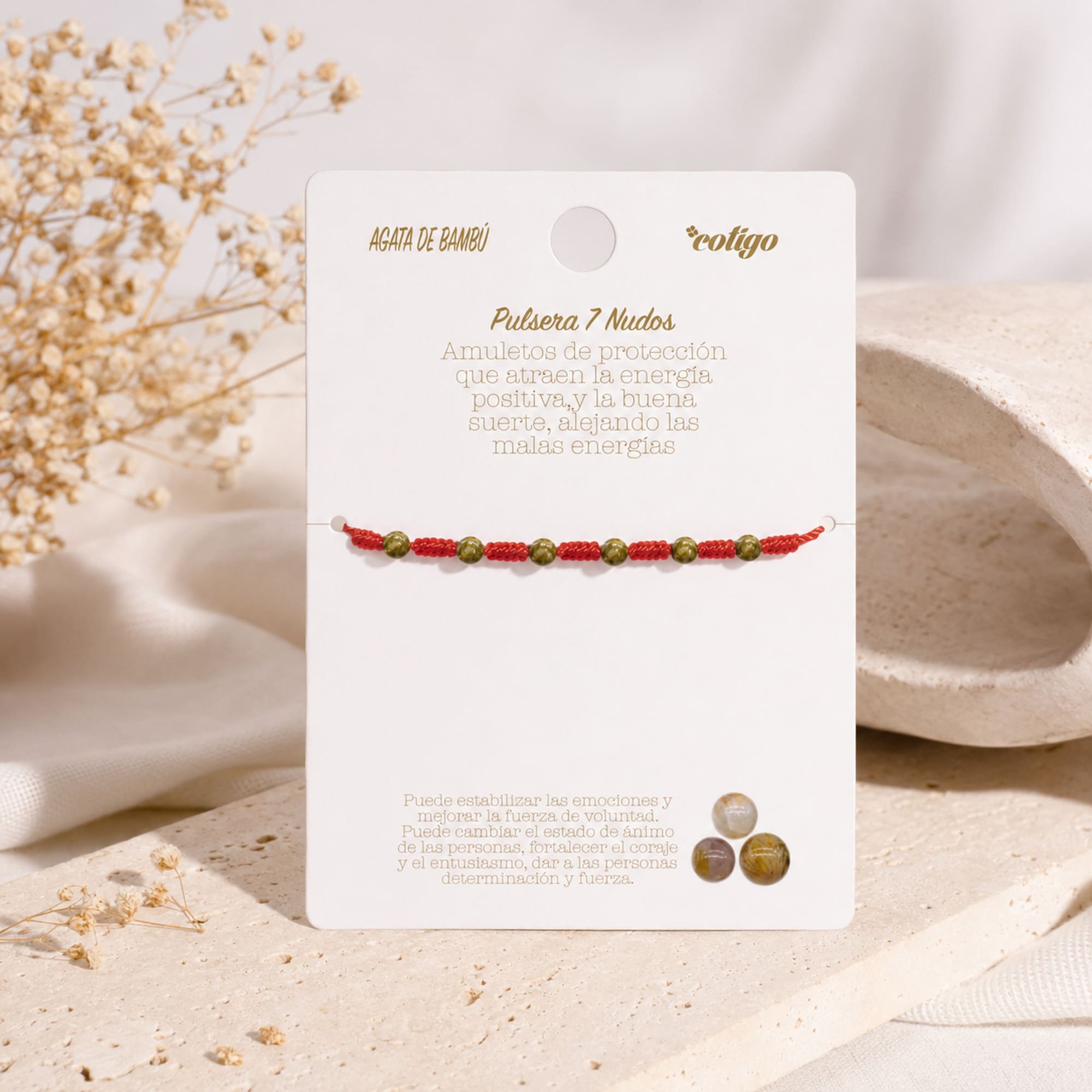 PULSERA 7 NUDOS CON  AGATA DE BAMBÚ 4MM