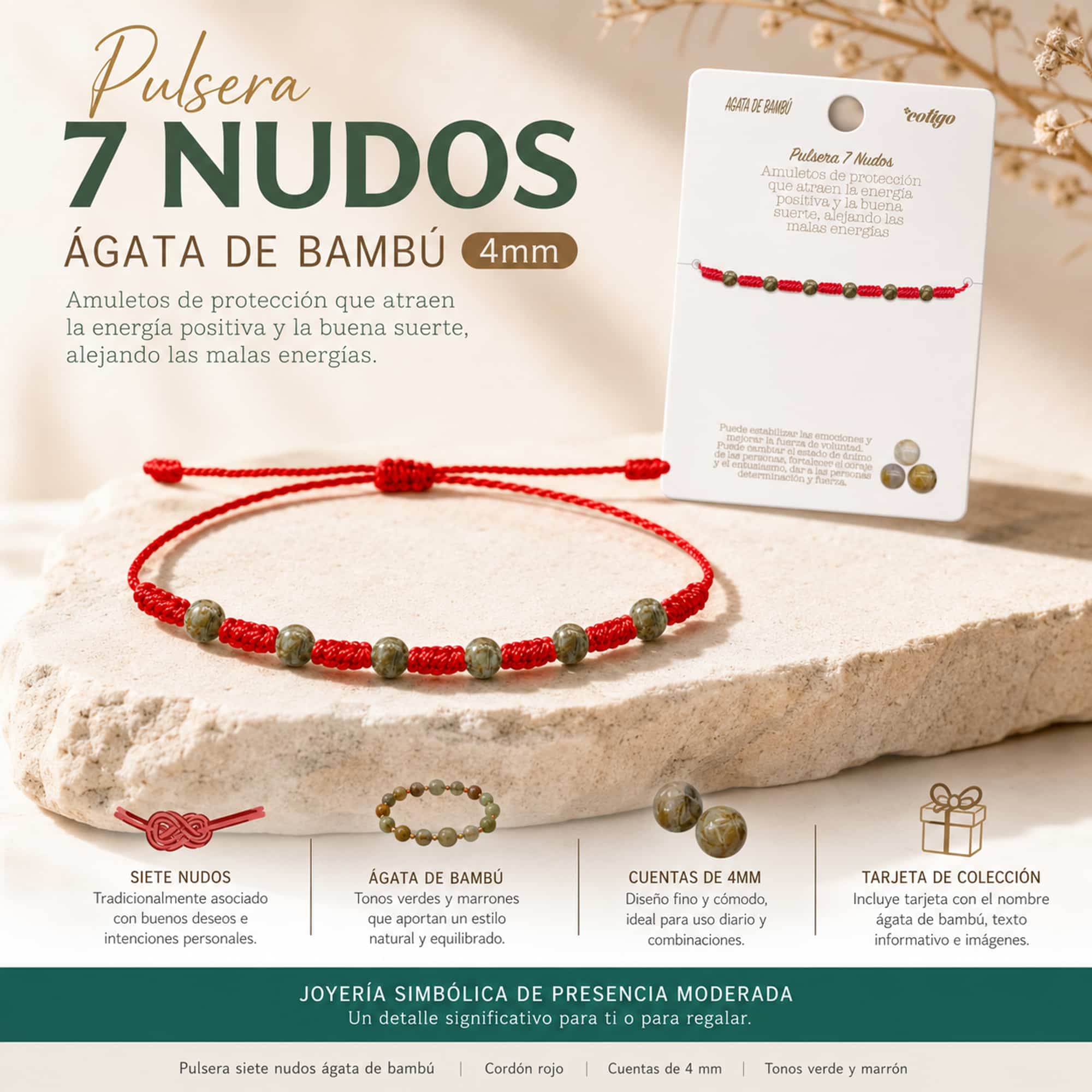 PULSERA 7 NUDOS CON  AGATA DE BAMBÚ 4MM