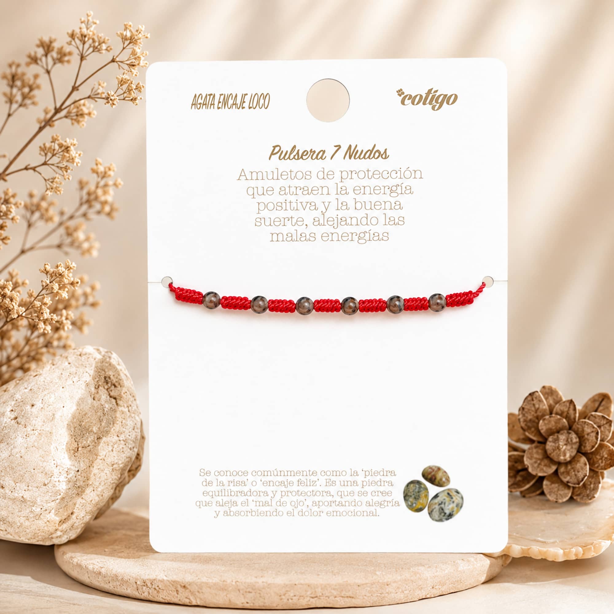 PULSERA 7 NUDOS CON  AGATA ENCAJE LOCO 4MM
