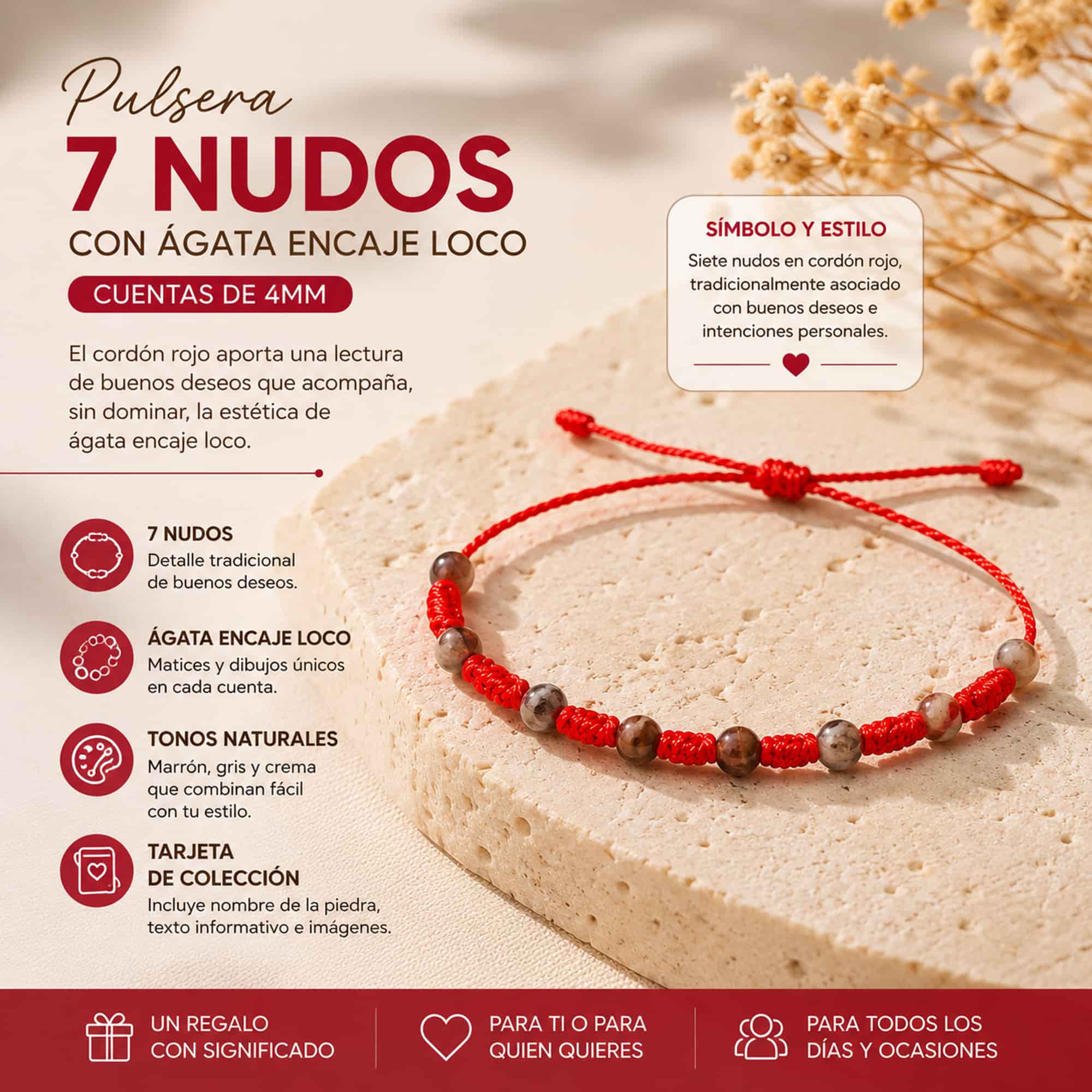PULSERA 7 NUDOS CON  AGATA ENCAJE LOCO 4MM