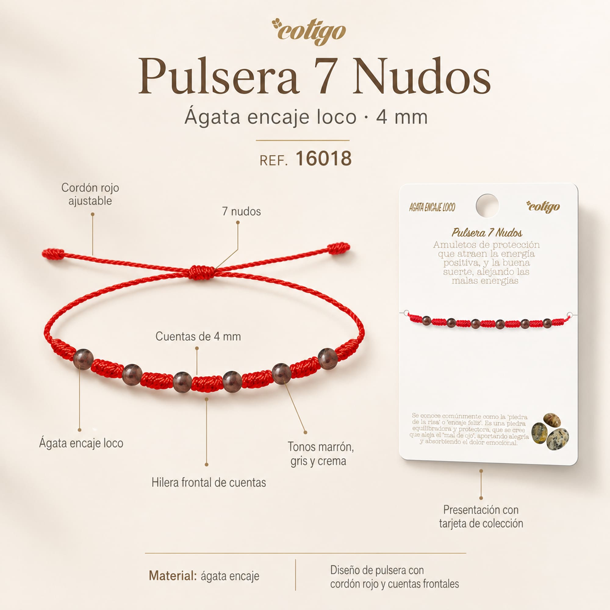 PULSERA 7 NUDOS CON  AGATA ENCAJE LOCO 4MM