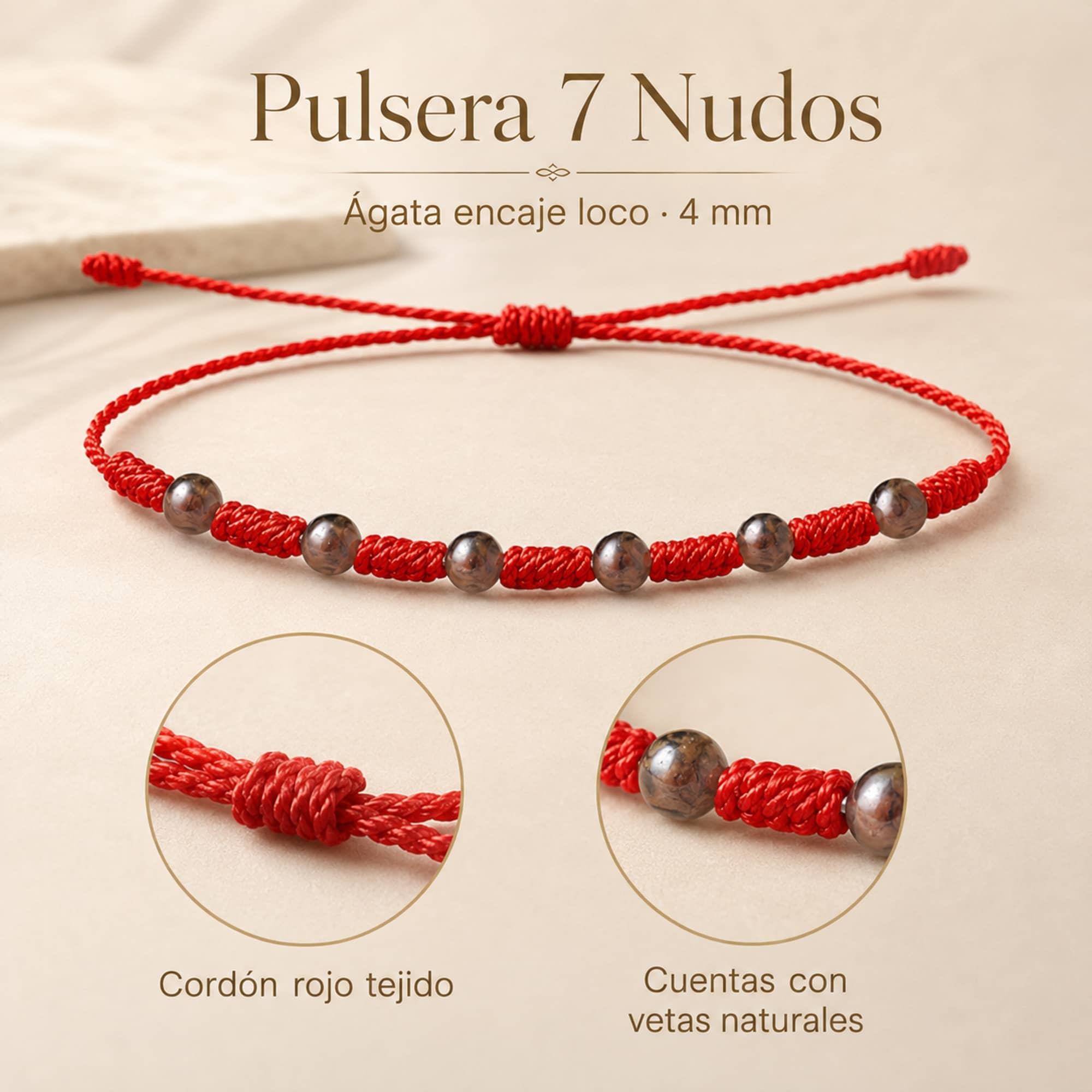 PULSERA 7 NUDOS CON  AGATA ENCAJE LOCO 4MM