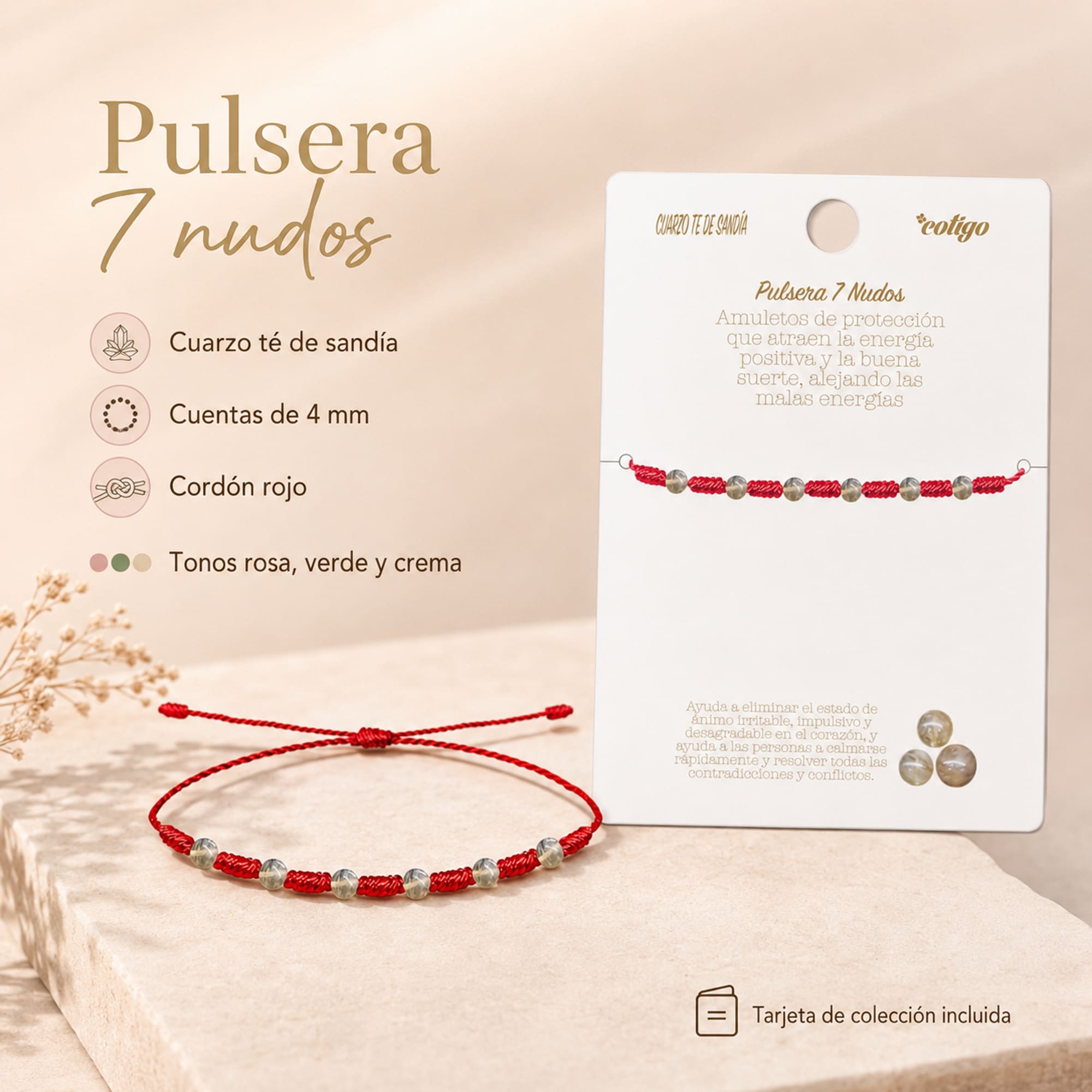 PULSERA 7 NUDOS CON  CUARZO TE DE SANDÍA 4MM