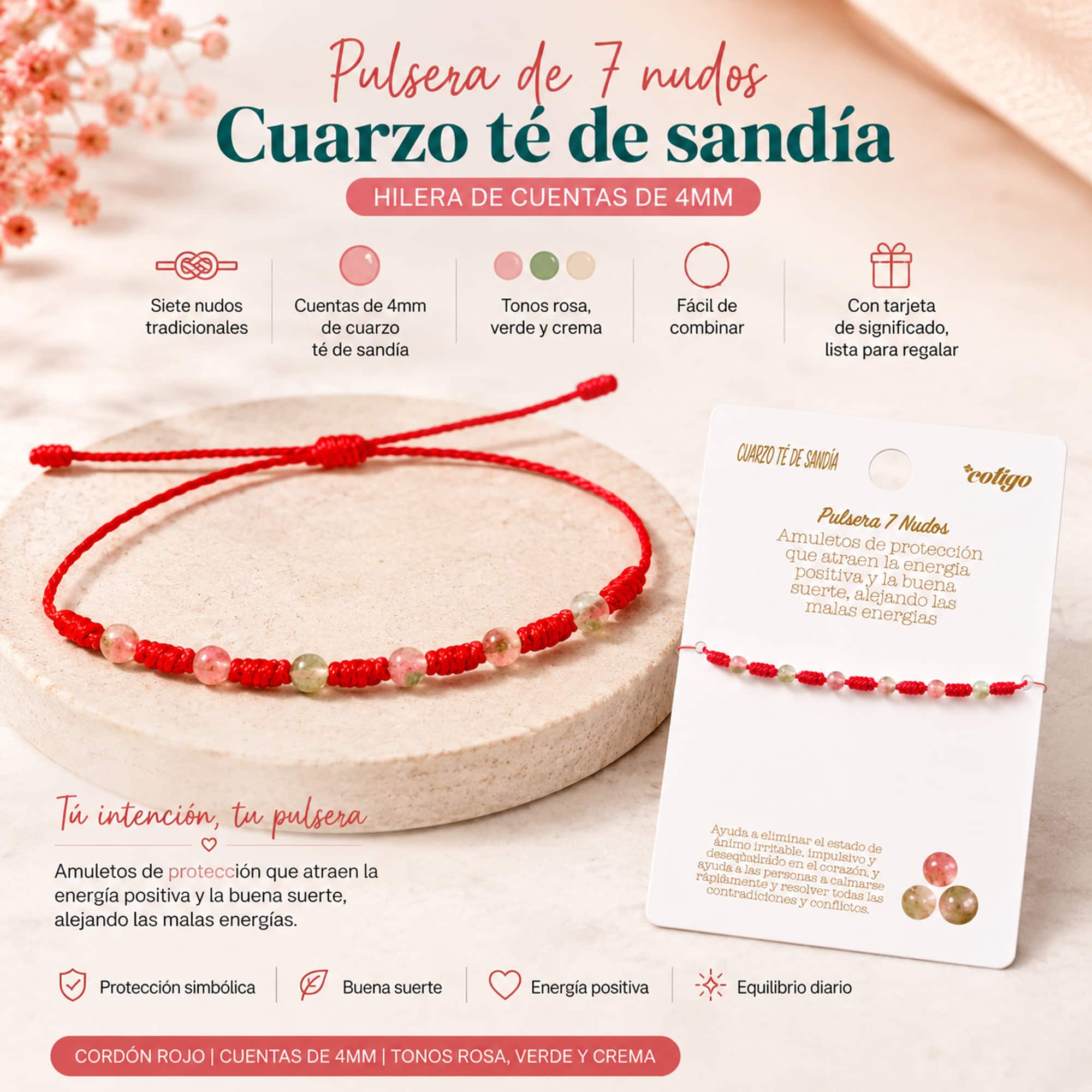 PULSERA 7 NUDOS CON  CUARZO TE DE SANDÍA 4MM