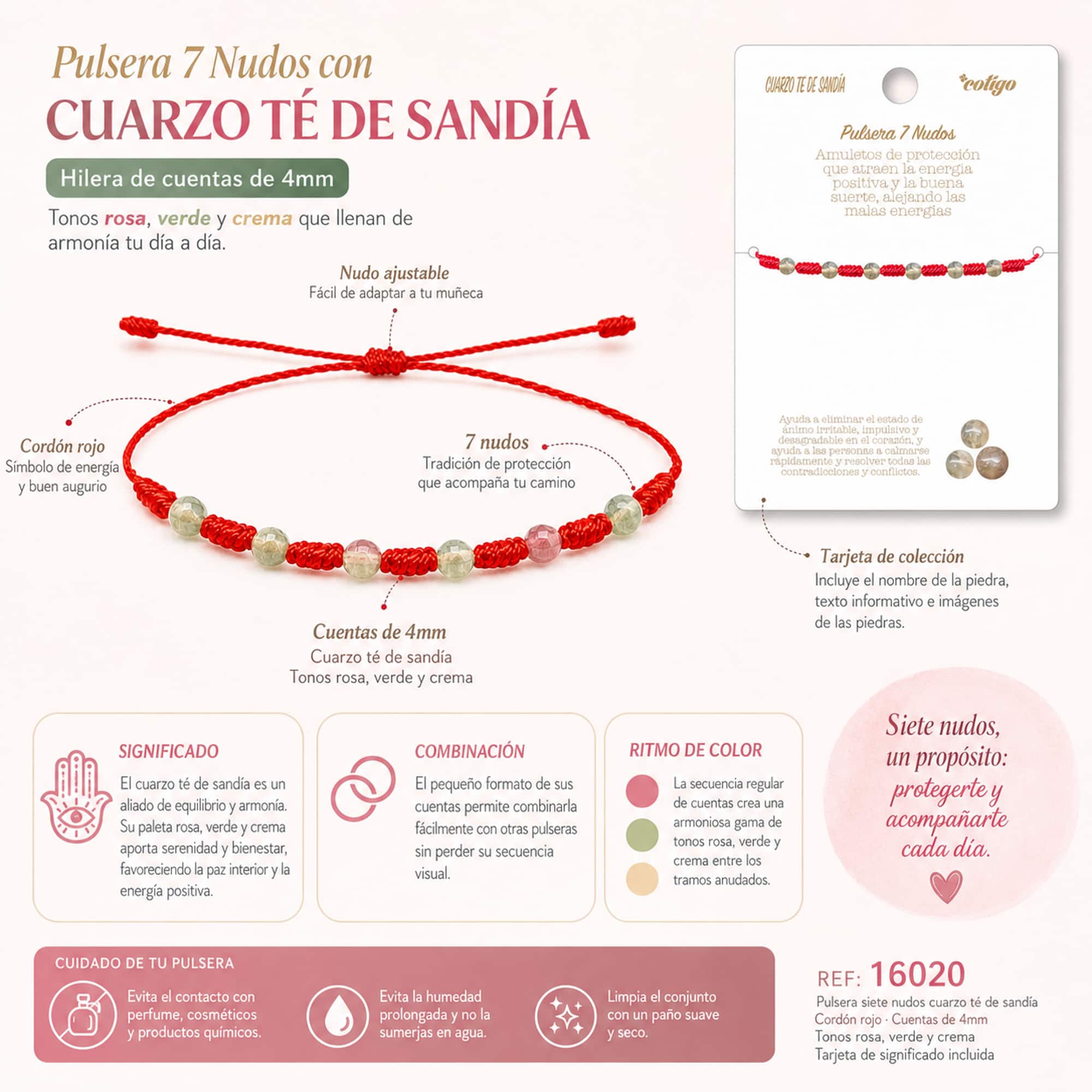 PULSERA 7 NUDOS CON  CUARZO TE DE SANDÍA 4MM