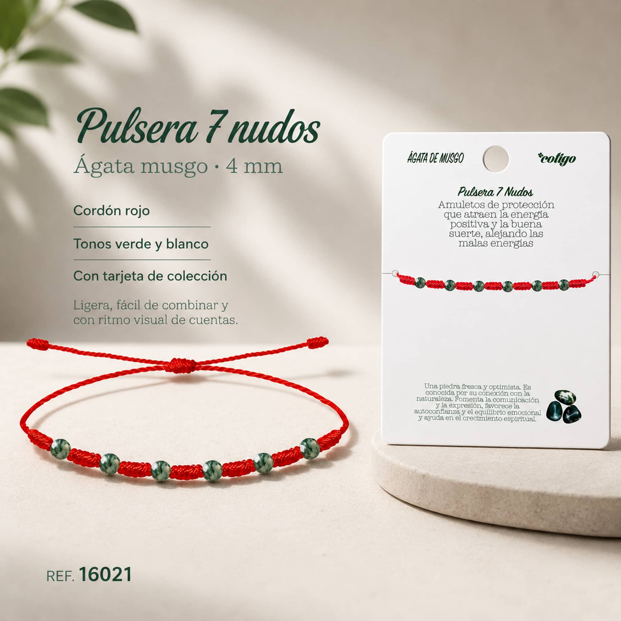 PULSERA 7 NUDOS CON  AGATA DE MUSGO 4MM