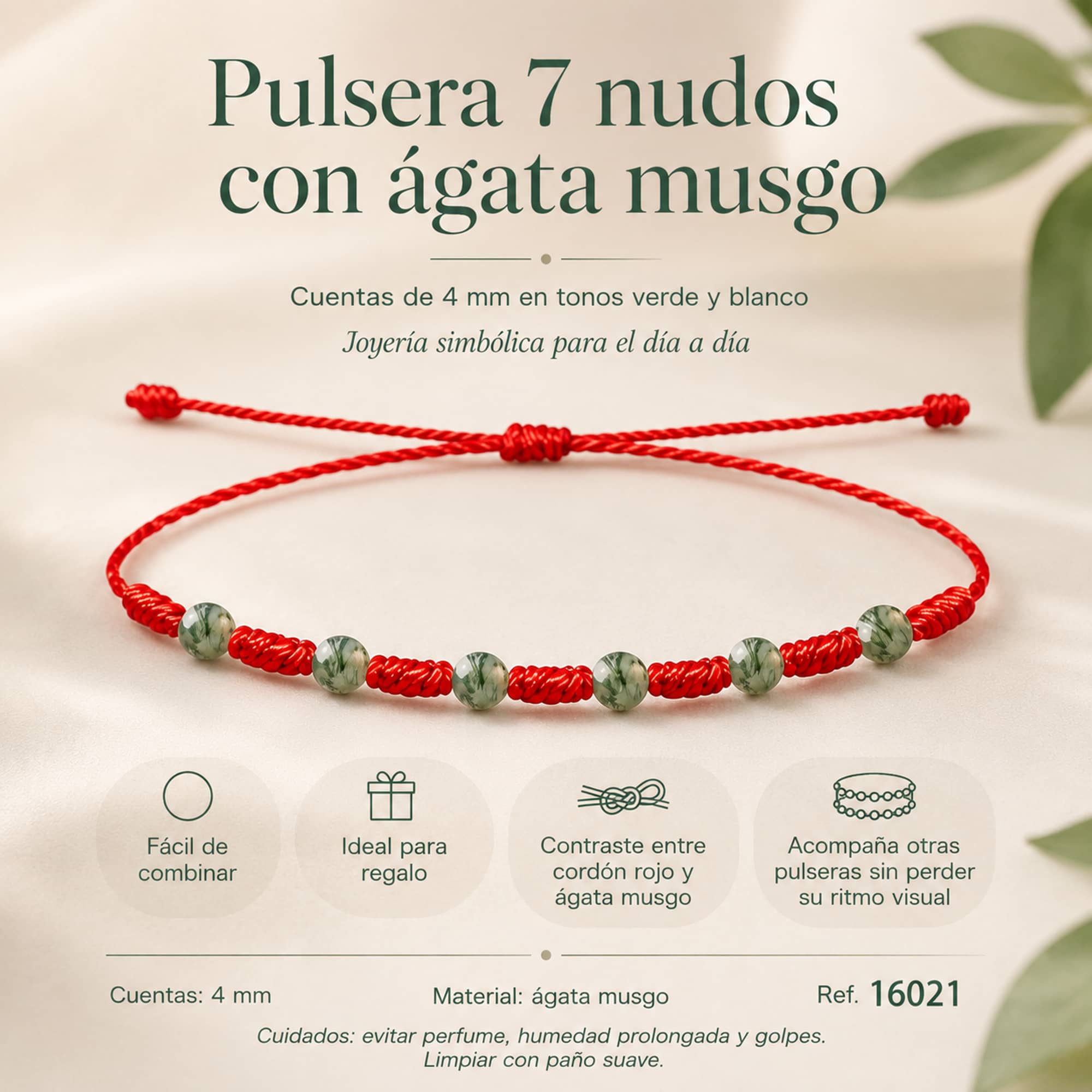 PULSERA 7 NUDOS CON  AGATA DE MUSGO 4MM