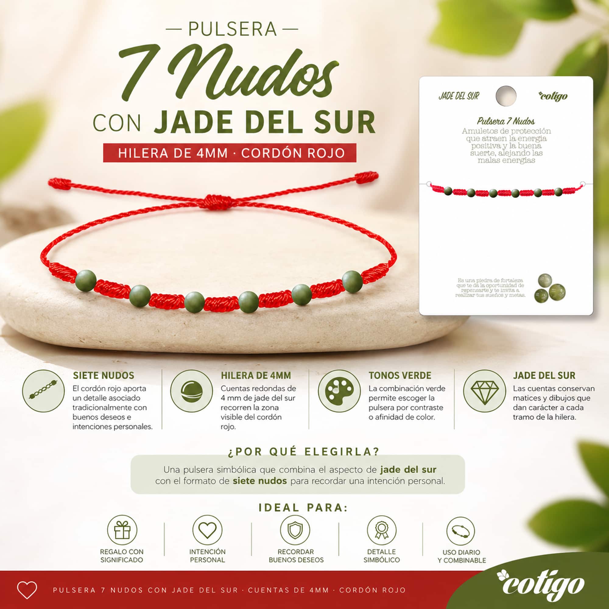 PULSERA 7 NUDOS CON  JADE DEL SUR 4MM
