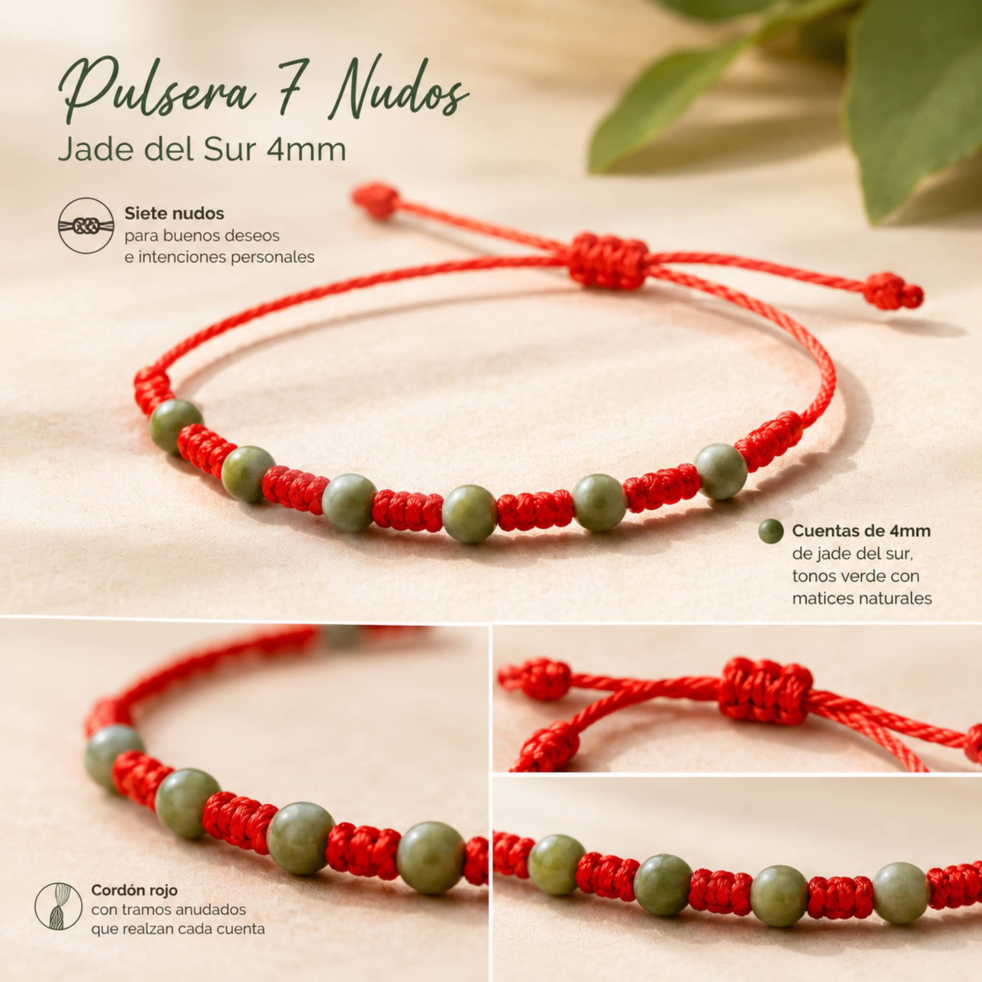 PULSERA 7 NUDOS CON  JADE DEL SUR 4MM