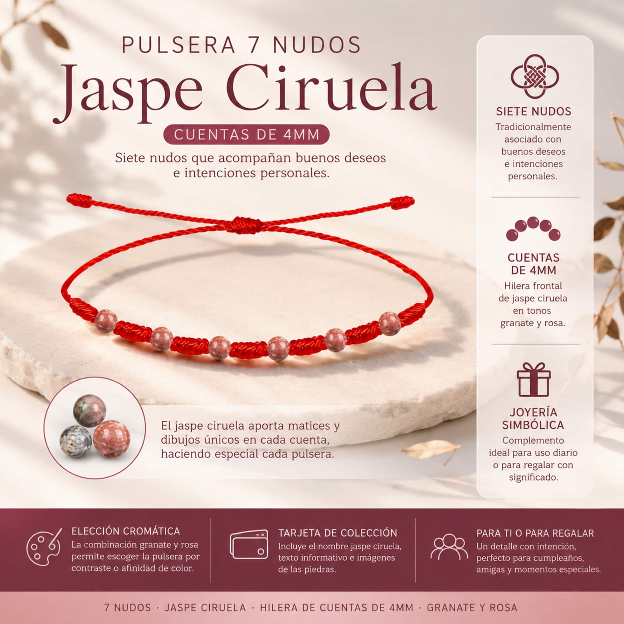 PULSERA 7 NUDOS CON  JASPE CIRUELA 4MM
