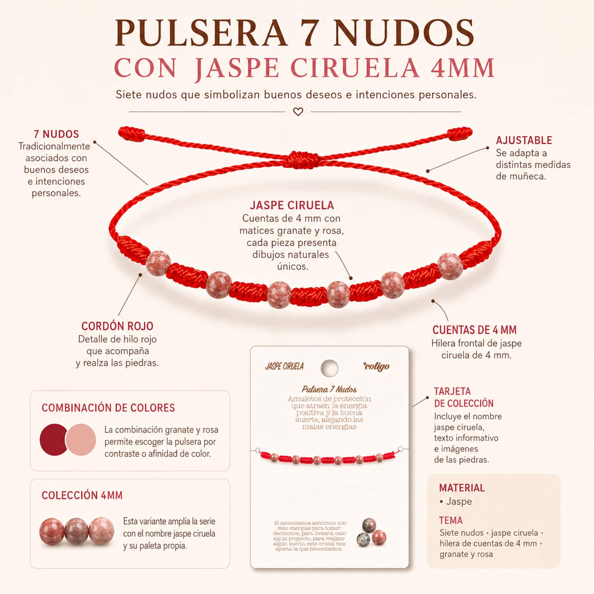PULSERA 7 NUDOS CON  JASPE CIRUELA 4MM