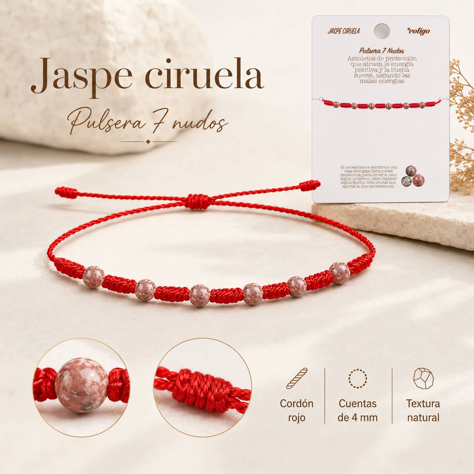 PULSERA 7 NUDOS CON  JASPE CIRUELA 4MM