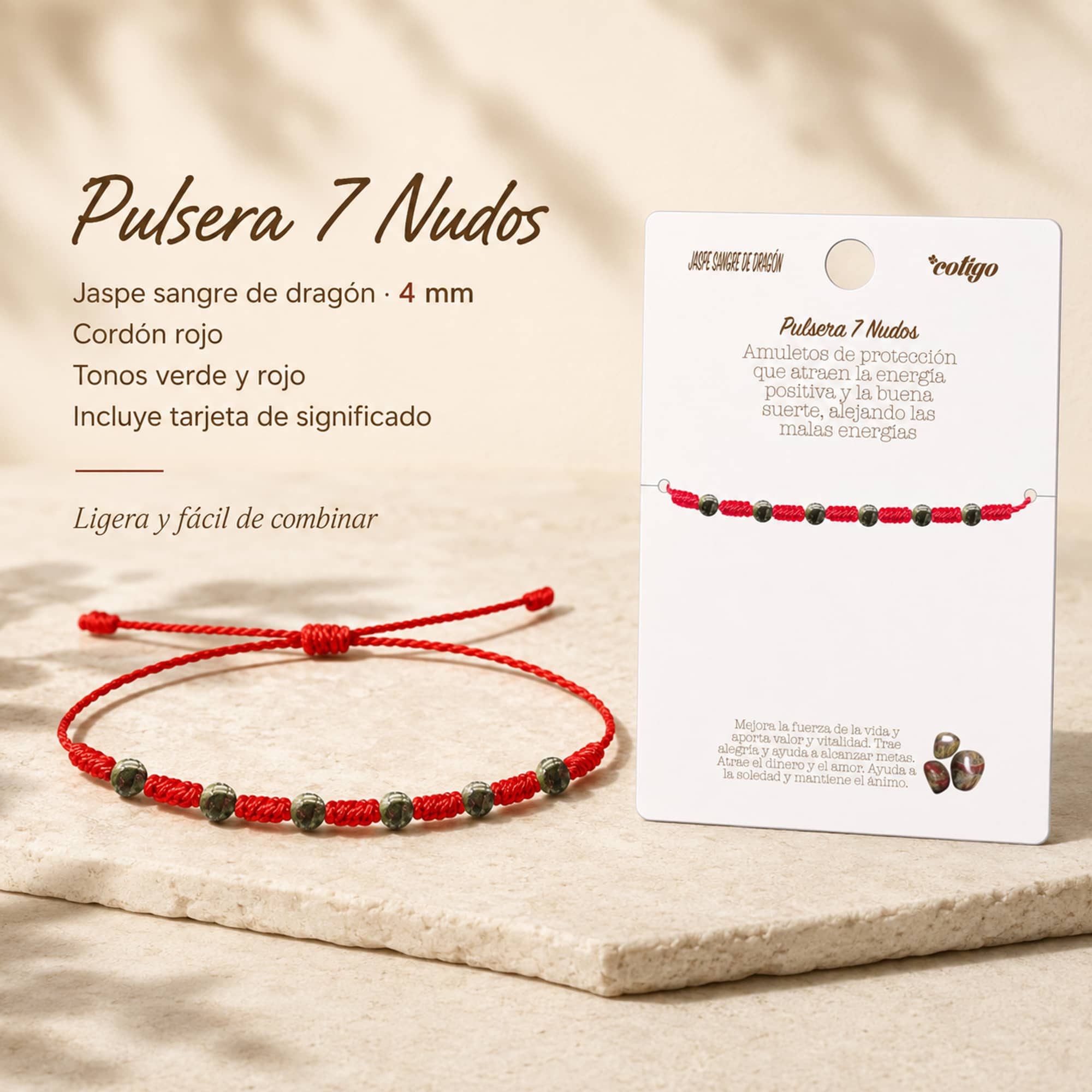 PULSERA 7 NUDOS CON  JASPE SANGRE DE DRAGÓN 4MM
