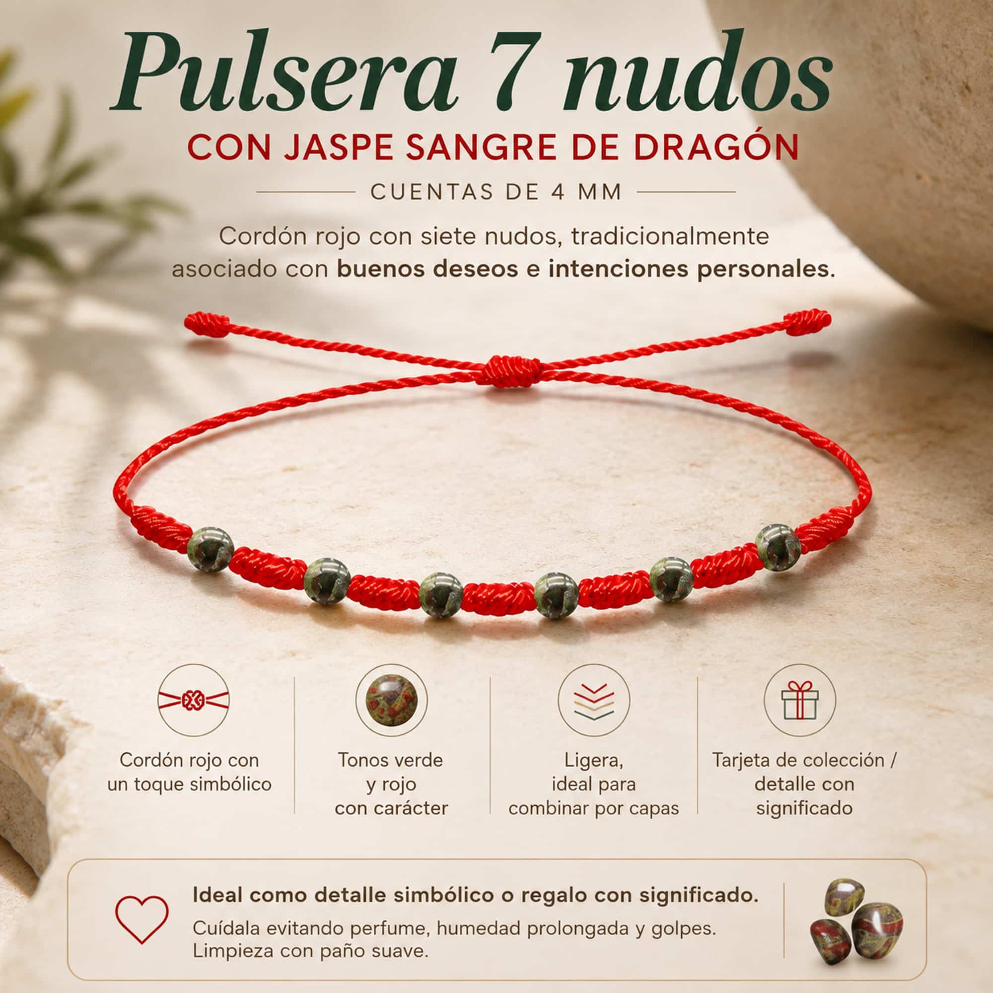 PULSERA 7 NUDOS CON  JASPE SANGRE DE DRAGÓN 4MM