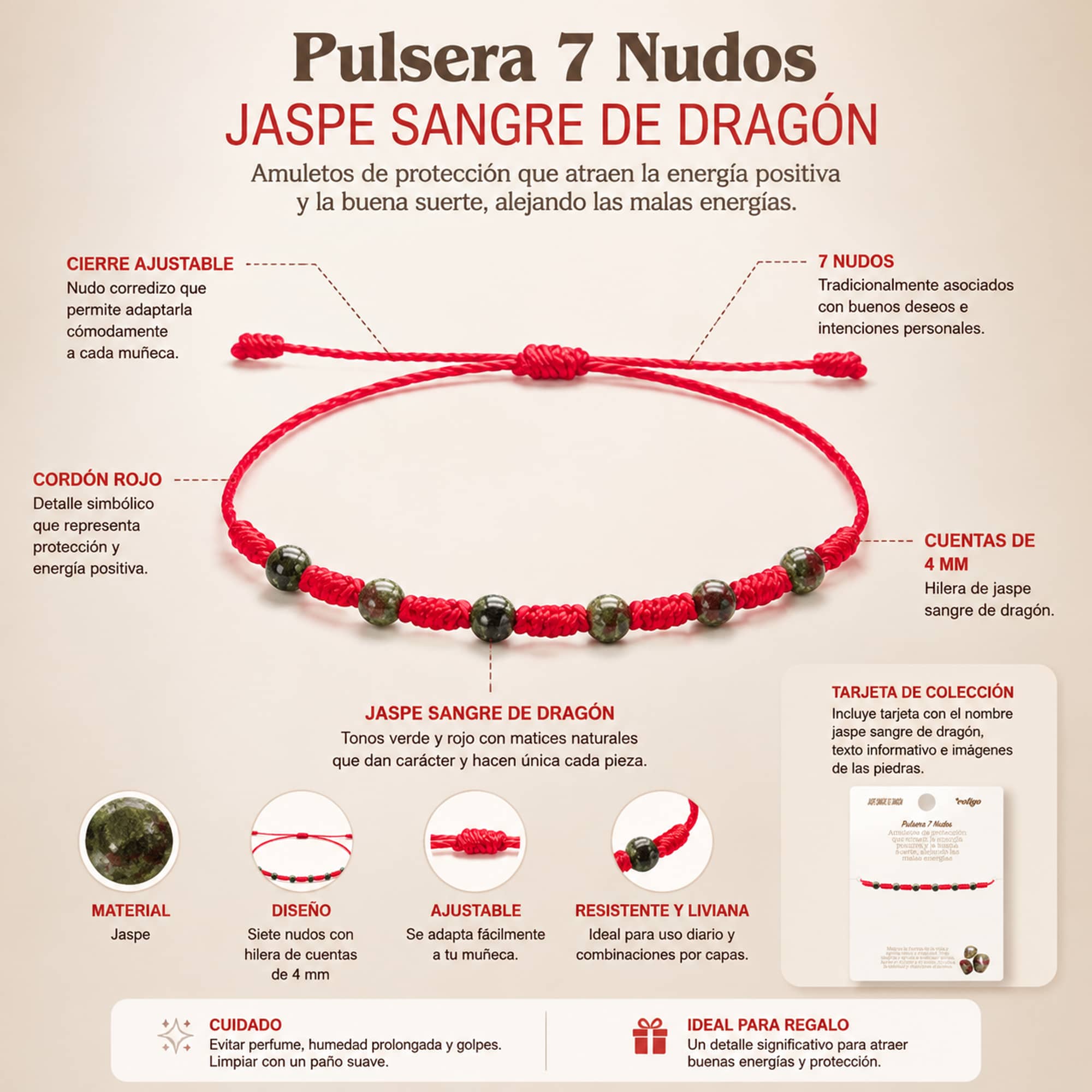 PULSERA 7 NUDOS CON  JASPE SANGRE DE DRAGÓN 4MM