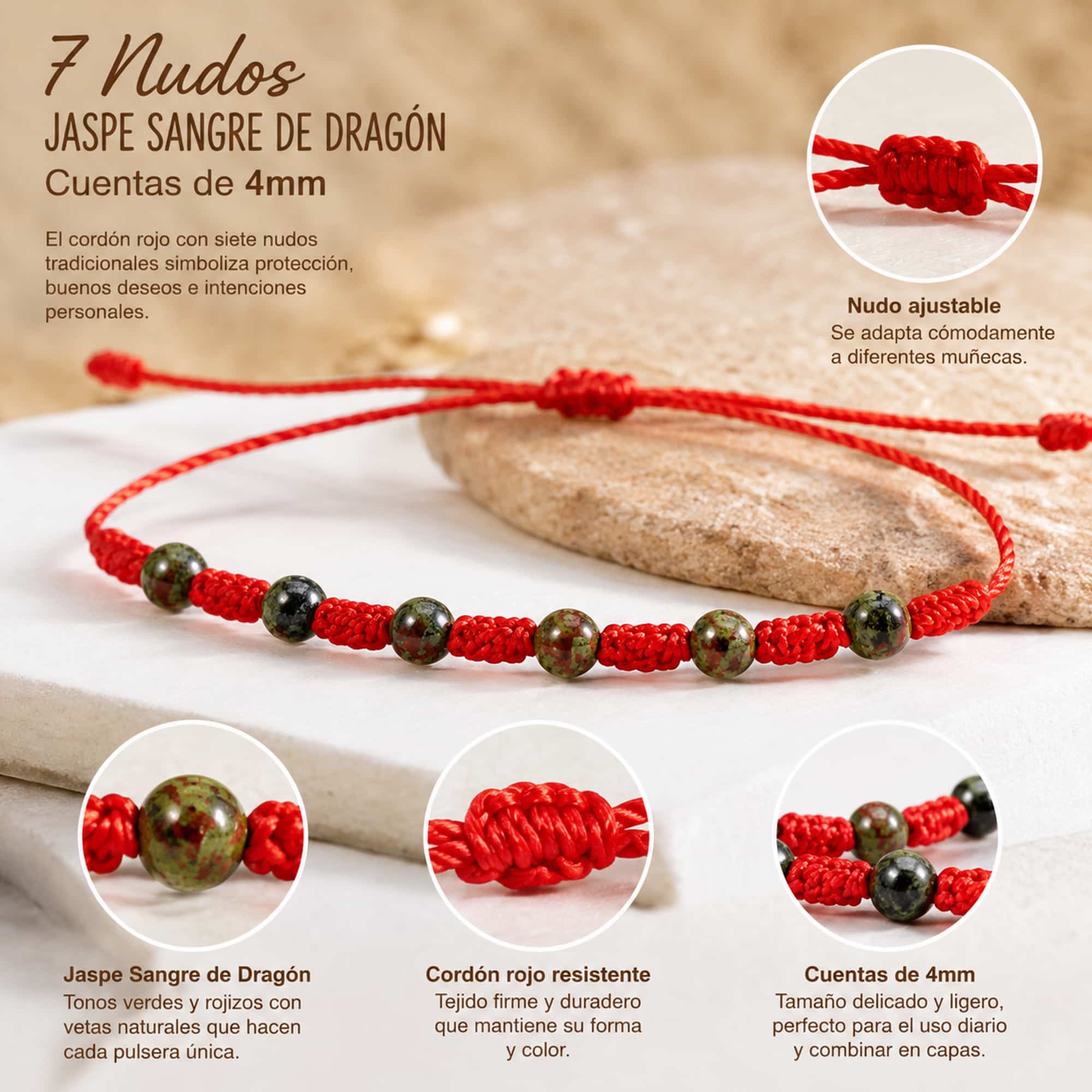 PULSERA 7 NUDOS CON  JASPE SANGRE DE DRAGÓN 4MM